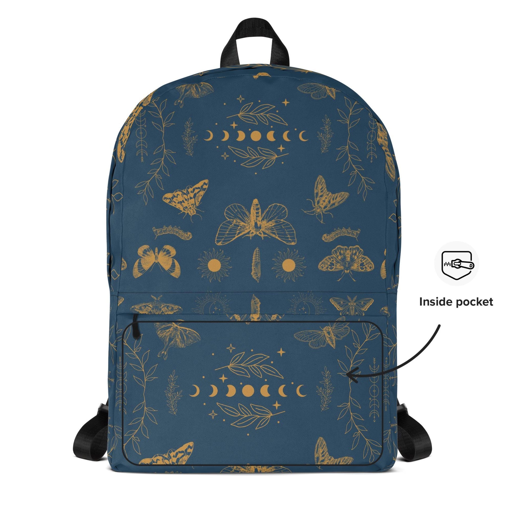 Moths and Moon Phases Backpack | Celestial Boho Gear for Nature Lovers & Stargazers