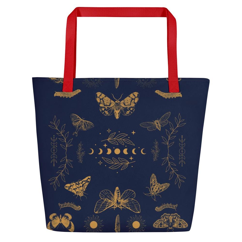 Celestial Boho Moths & Moon Phases Tote Bag Large | Eco-Friendly, Versatile Shopping Bag for Consciously Chic Style