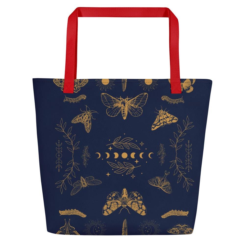 Celestial Boho Moths & Moon Phases Tote Bag Large | Eco-Friendly, Versatile Shopping Bag for Consciously Chic Style