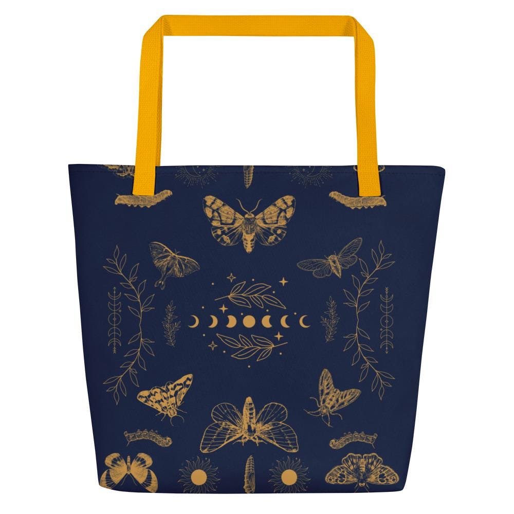 Celestial Boho Moths & Moon Phases Tote Bag Large | Eco-Friendly, Versatile Shopping Bag for Consciously Chic Style