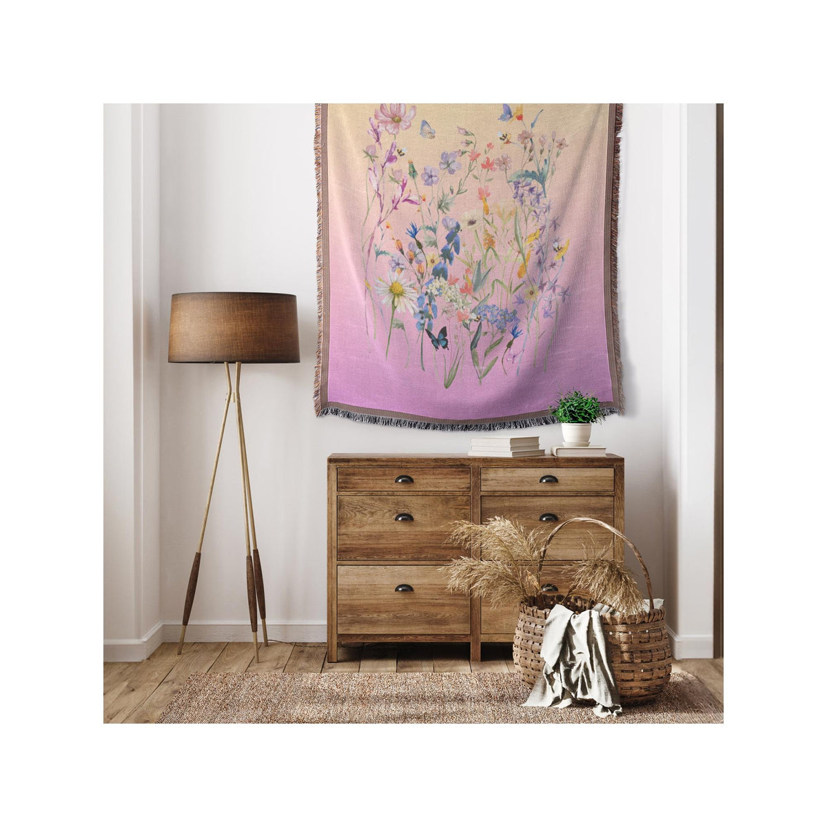 Watercolor Wildflower Woven Throw | Floral Botanical Blanket and Cozy Home Accent | Cottagecore Decor & Boho Nature Design