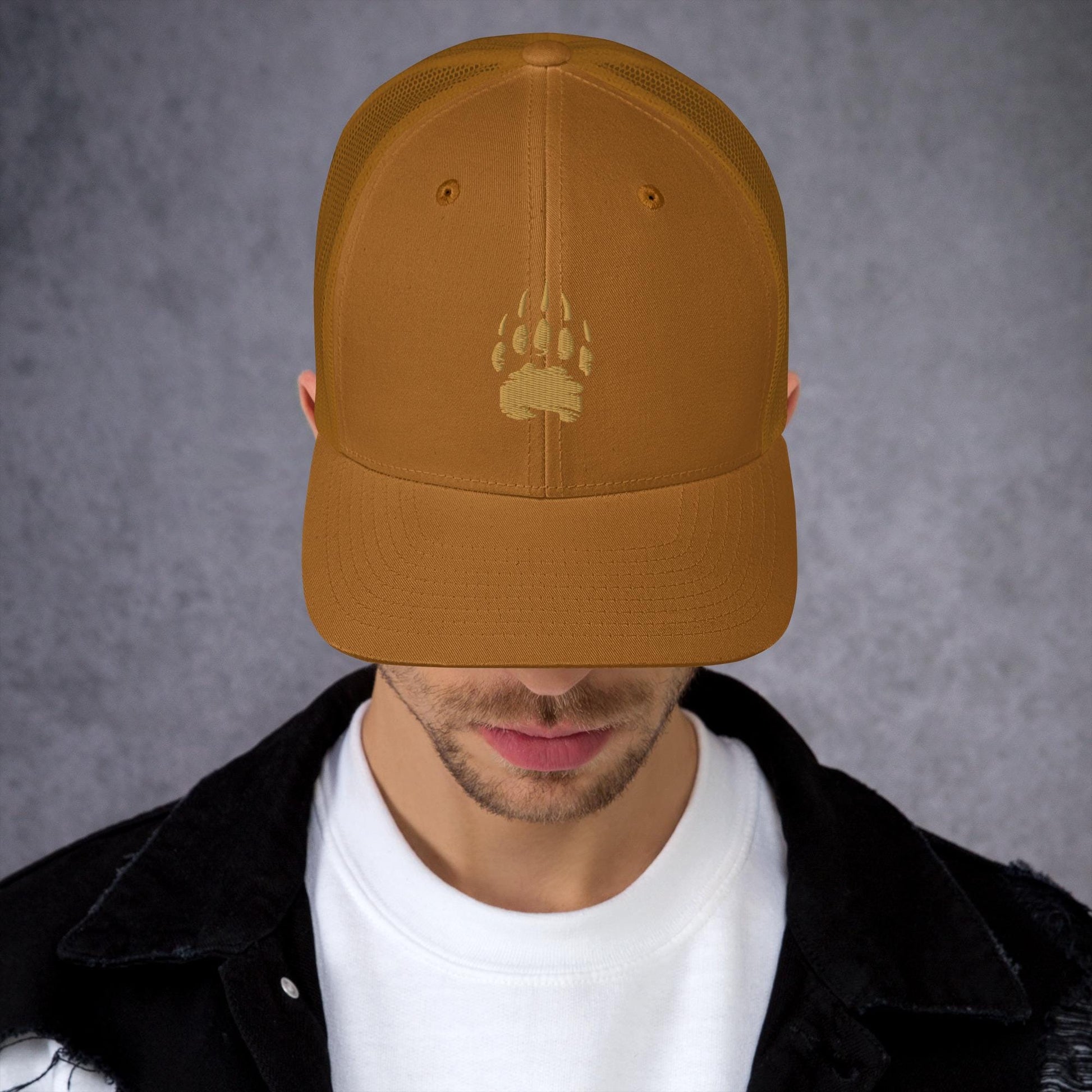 Bear Track Retro Trucker Cap | Vintage Style Embroidered Hat for Outdoor Adventures & Camping Gear | Adjustable Fit, Great Gift Idea