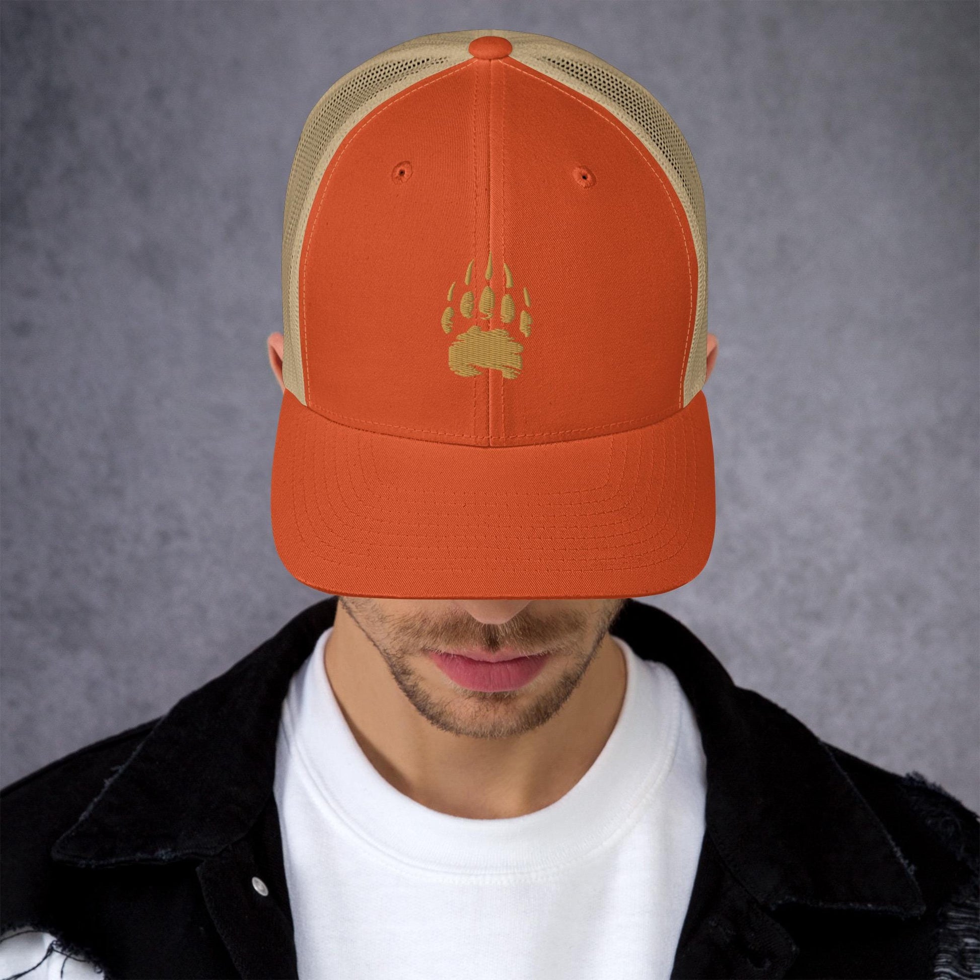 Bear Track Retro Trucker Cap | Vintage Style Embroidered Hat for Outdoor Adventures & Camping Gear | Adjustable Fit, Great Gift Idea