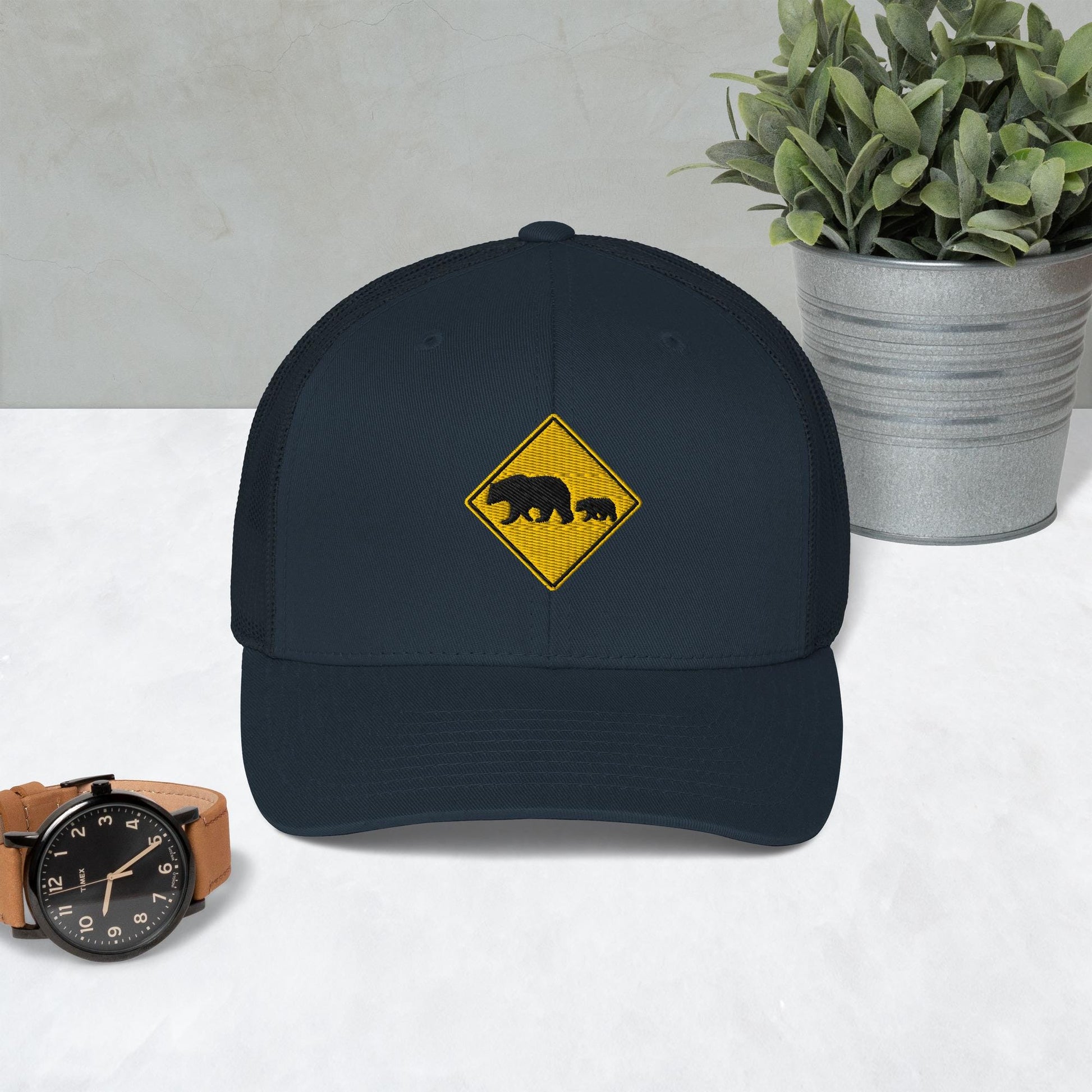 Bear Crossing Sign Embroidered Hat | Animal Print Retro Trucker Hat | Wildlife Lovers Gift | Gift For Bear Lovers and Nature Enthusiasts