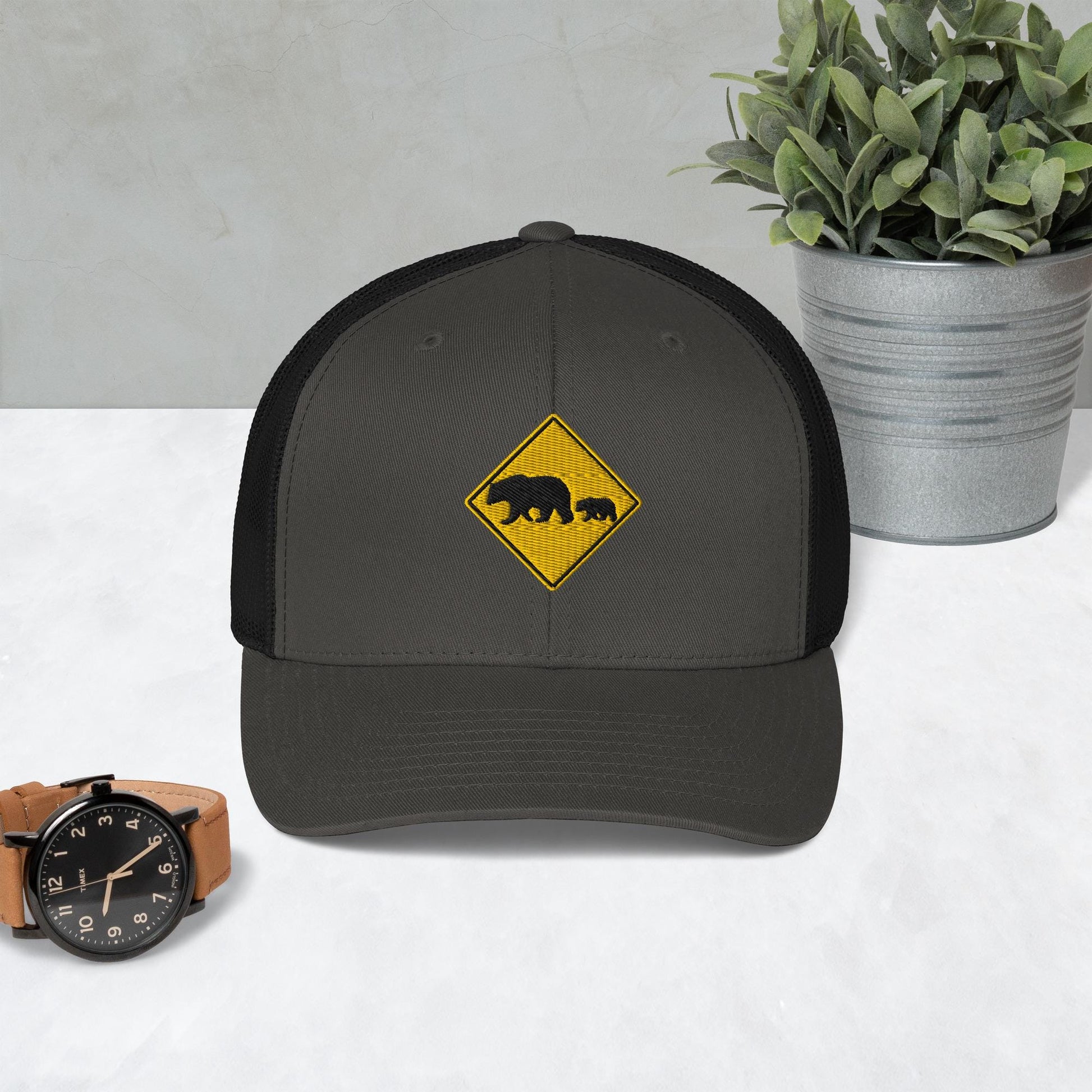 Bear Crossing Sign Embroidered Hat | Animal Print Retro Trucker Hat | Wildlife Lovers Gift | Gift For Bear Lovers and Nature Enthusiasts