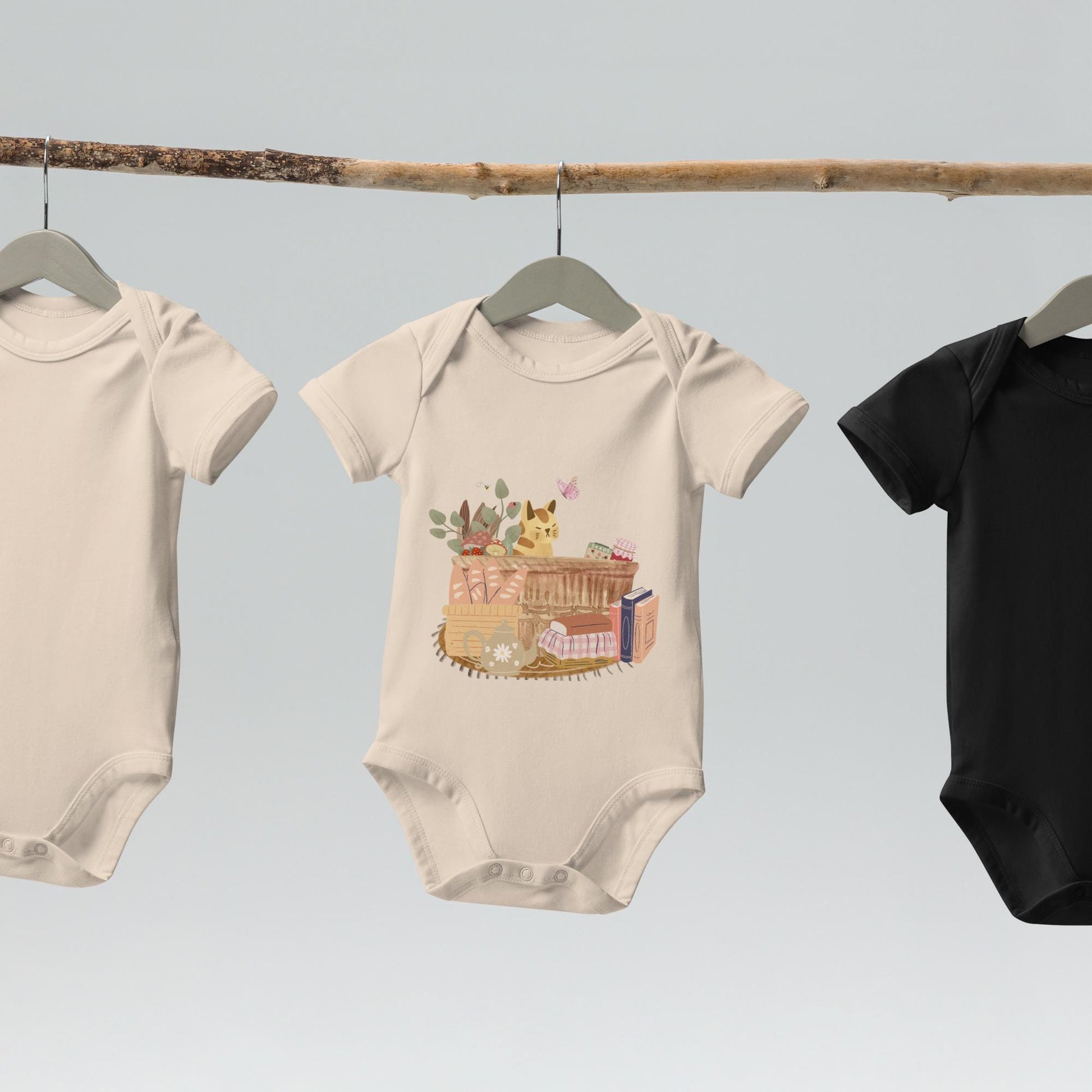 Cat in a Basket Baby Bodysuit | Cute Cottagecore Outfit | Adorable Farmhouse Cat Design