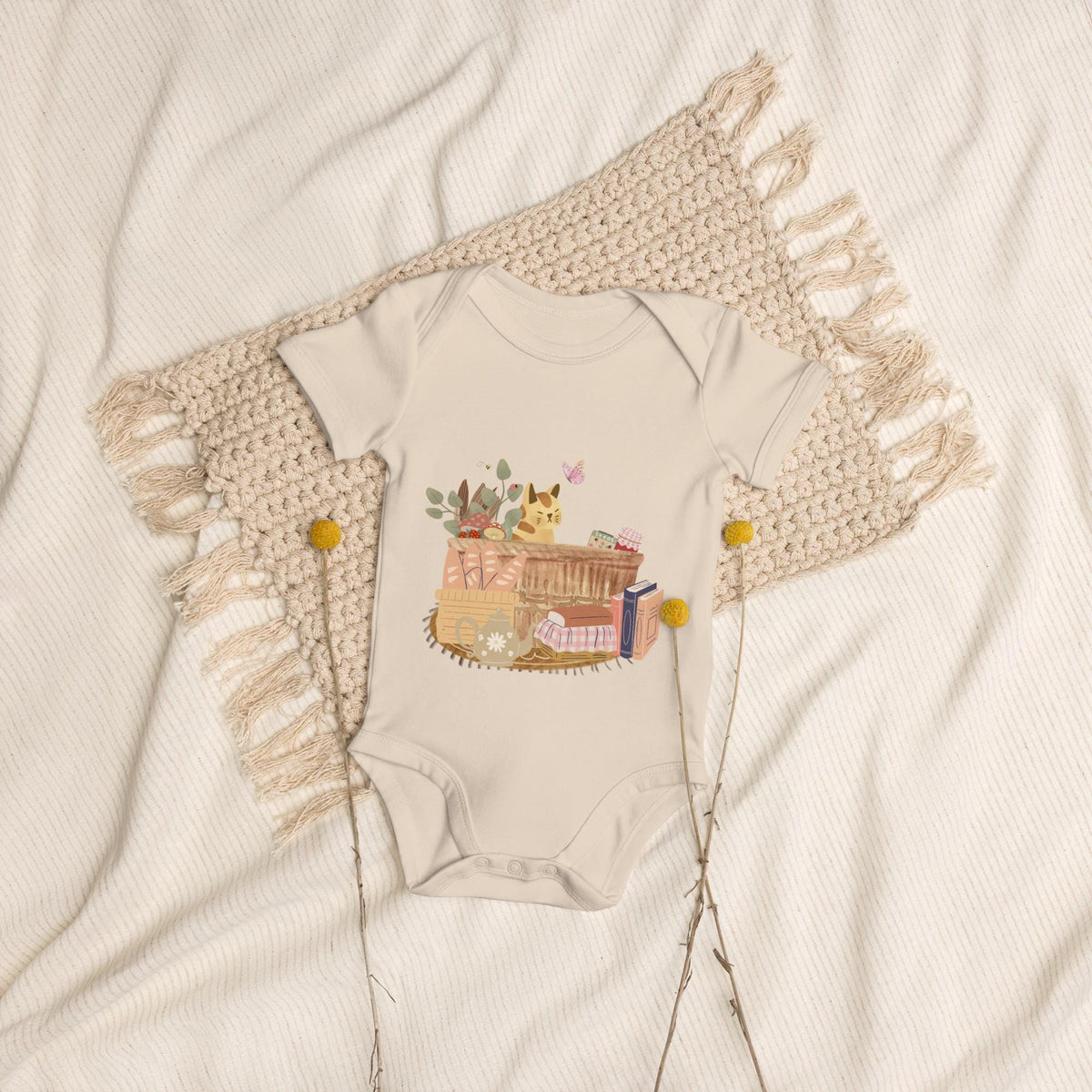Cat in a Basket Baby Bodysuit | Cute Cottagecore Outfit | Adorable Farmhouse Cat Design