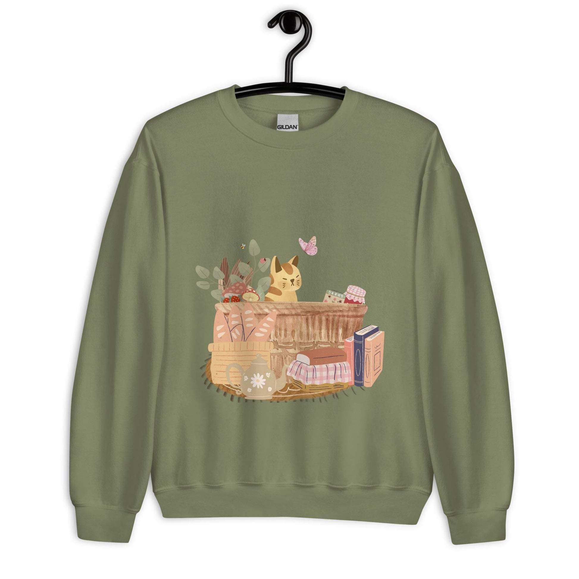 Cat in Basket Sweatshirt | Cute Cozy Cottagecore Shirt | Adorable Farmhouse Cat Design
