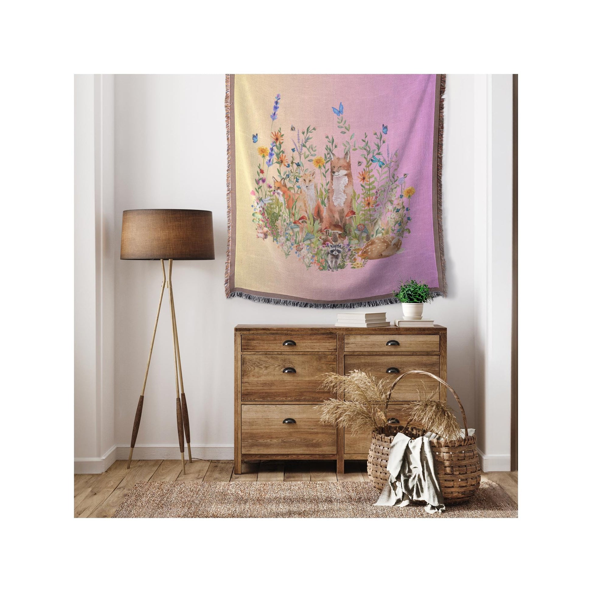 Watercolor Woodland Creatures Woven Throw | Botanical Floral Blanket | Nature Lovers Gift | Boho Cottagecore Motif