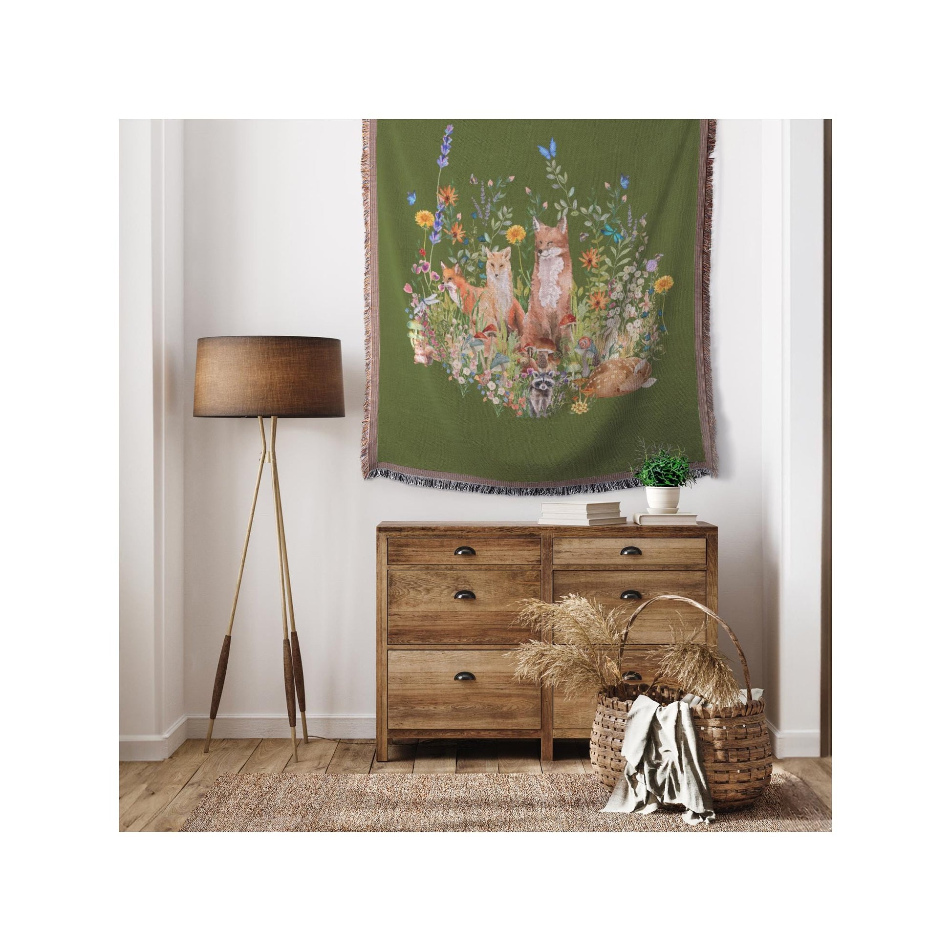 Watercolor Woodland Creatures Woven Throw in Green | Botanical Floral Blanket | Nature Lovers Gift | Boho Cottagecore Motif