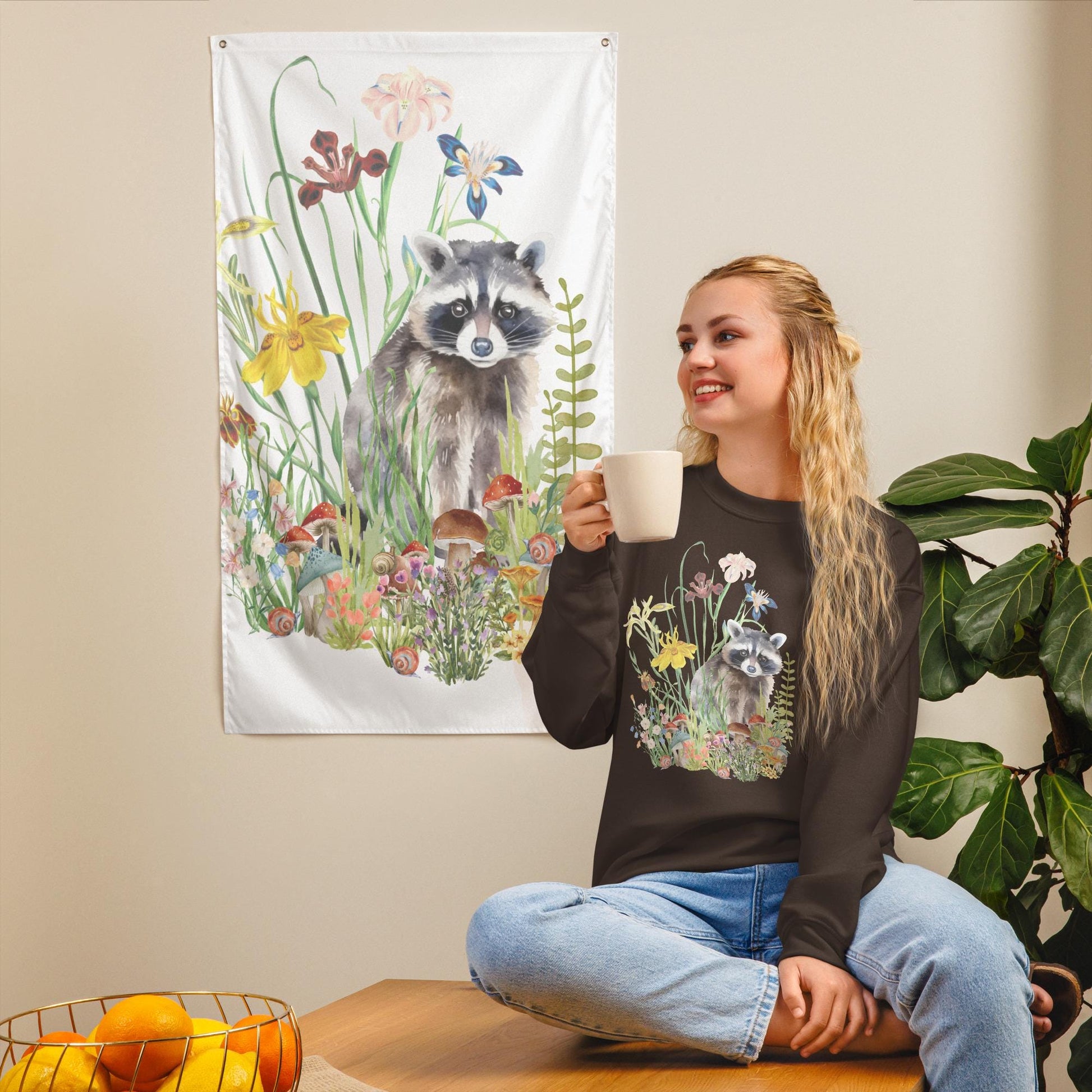 Watercolor Racoon Sweatshirt | Floral Animal Print | Cozy Cottagecore Gift for Animal Lovers | Botanical Motif Design