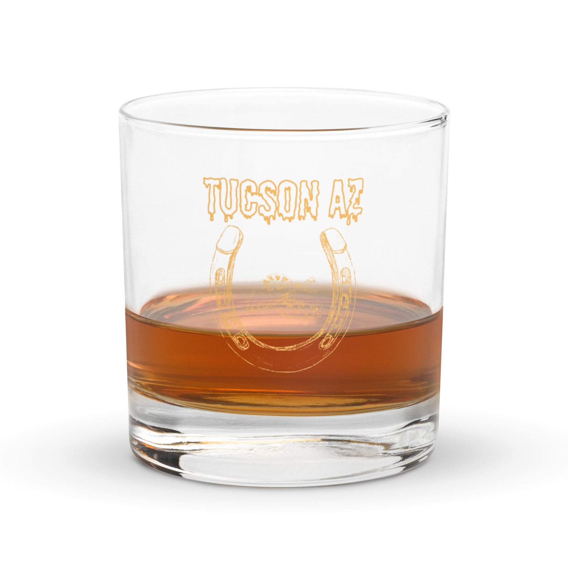 Tucson Arizona Rocks Glass | Western Motif Whisky Glass with Horseshoe & Rattlesnake Design for Unique Bar Decor
