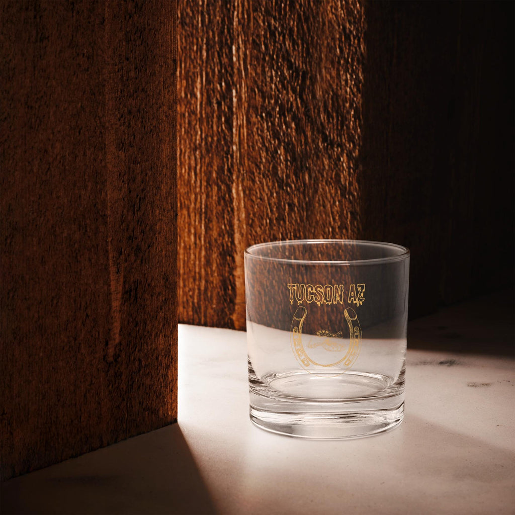 Tucson Arizona Rocks Glass | Western Motif Whisky Glass with Horseshoe & Rattlesnake Design for Unique Bar Decor