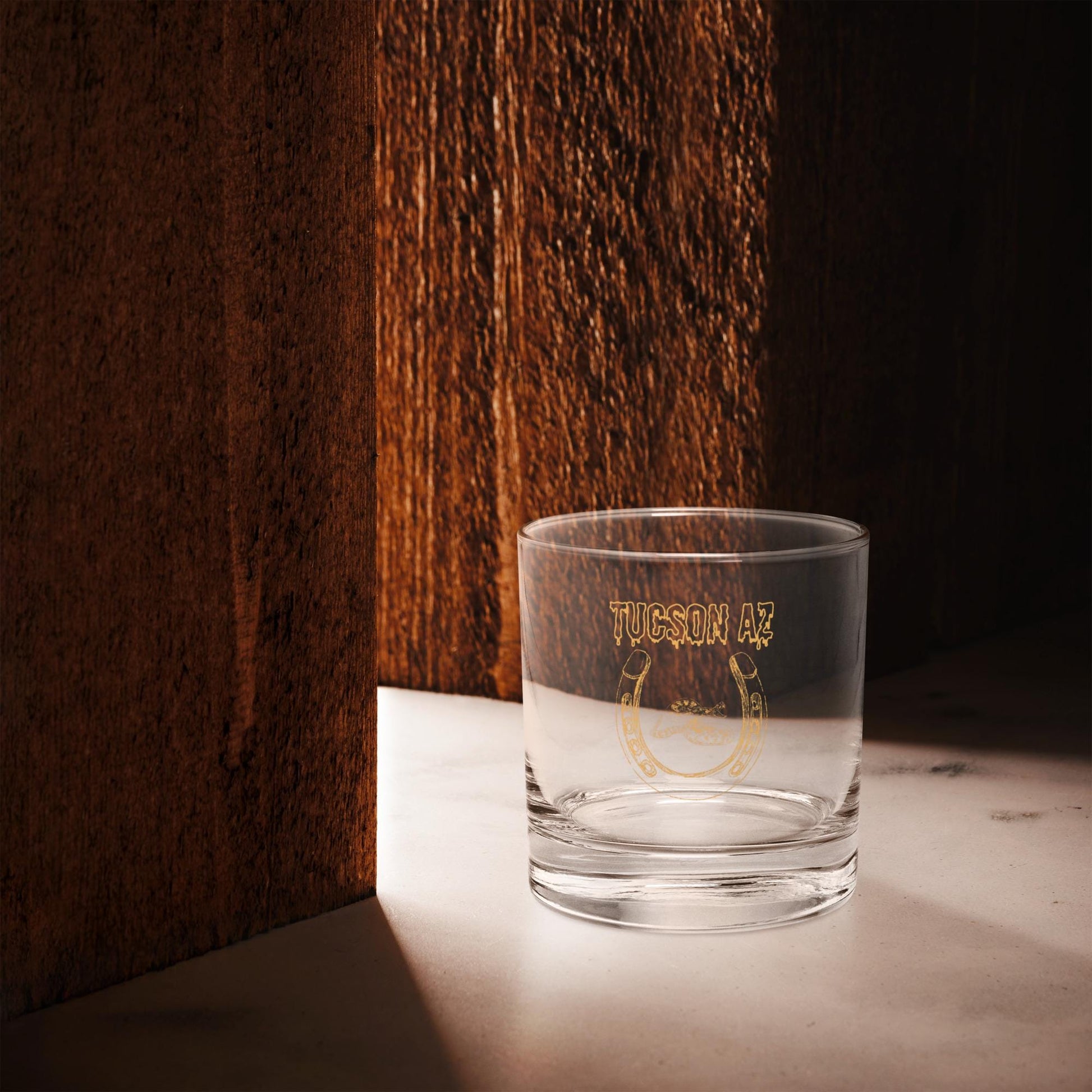 Tucson Arizona Rocks Glass | Western Motif Whisky Glass with Horseshoe & Rattlesnake Design for Unique Bar Decor