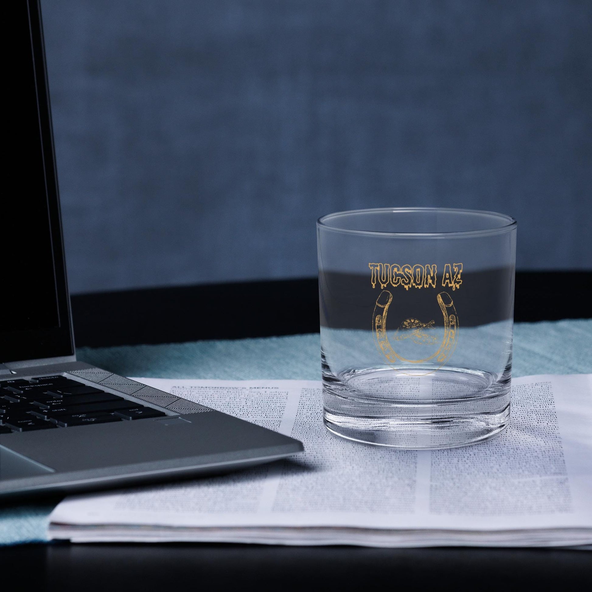 Tucson Arizona Rocks Glass | Western Motif Whisky Glass with Horseshoe & Rattlesnake Design for Unique Bar Decor