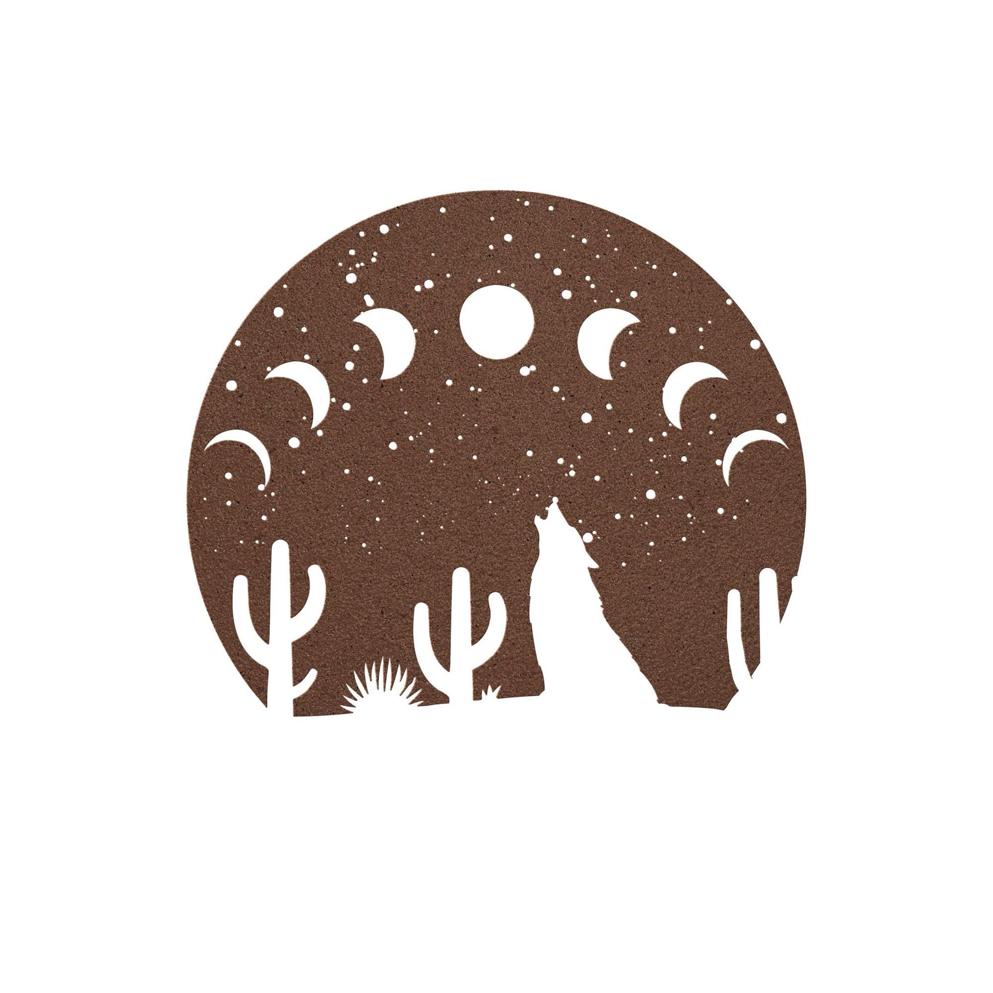 Desert Moon Phases and Wolf Metal Wall Art | Premium 18 Gauge Steel Decor | Outdoor & Indoor Rustic Home Decoration