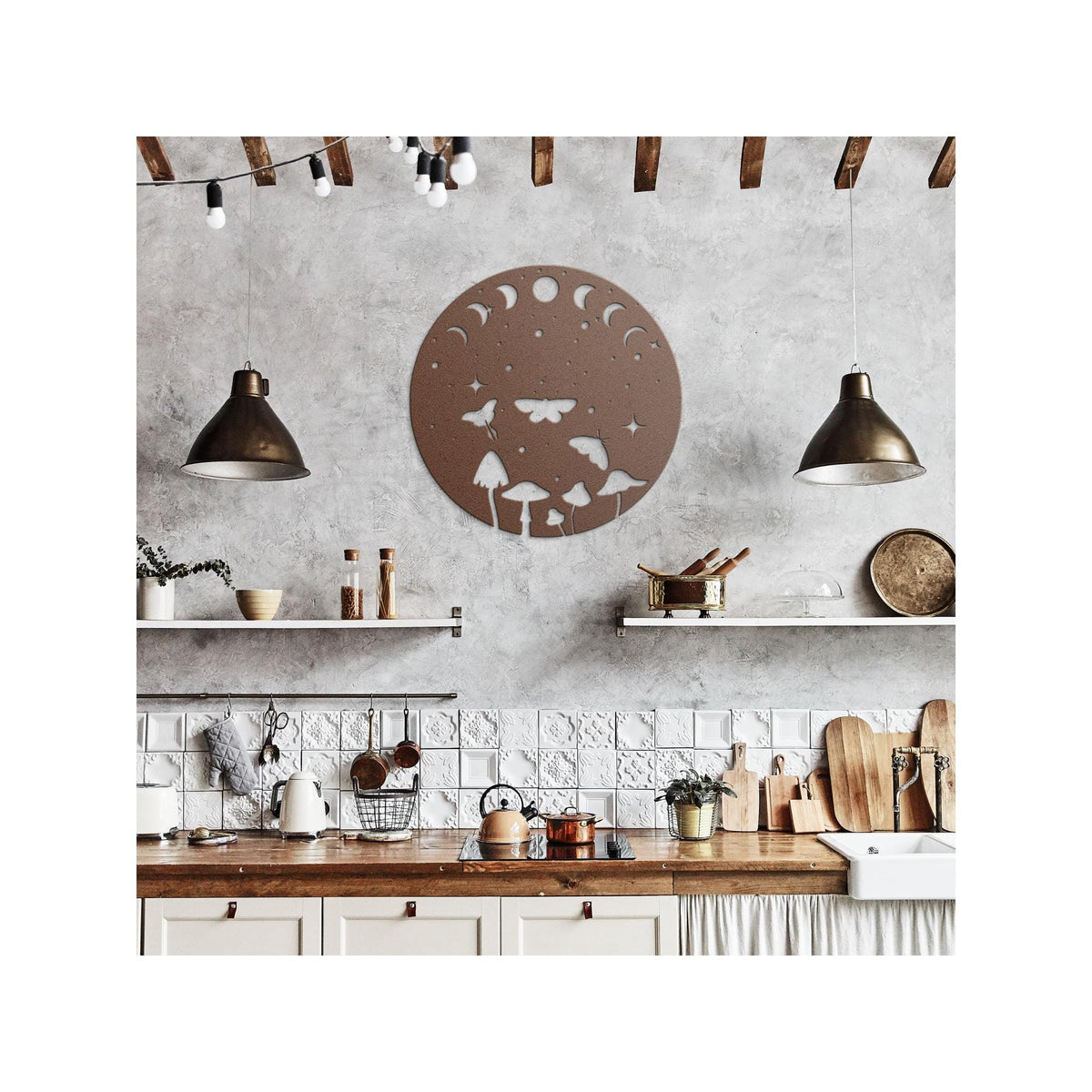 Luxury Metal Wall Art | Moon Phases and Moths with Mushrooms | Premium 18 Gauge Steel | Boho Floral and Starry Decor | Indoor & Outdoor