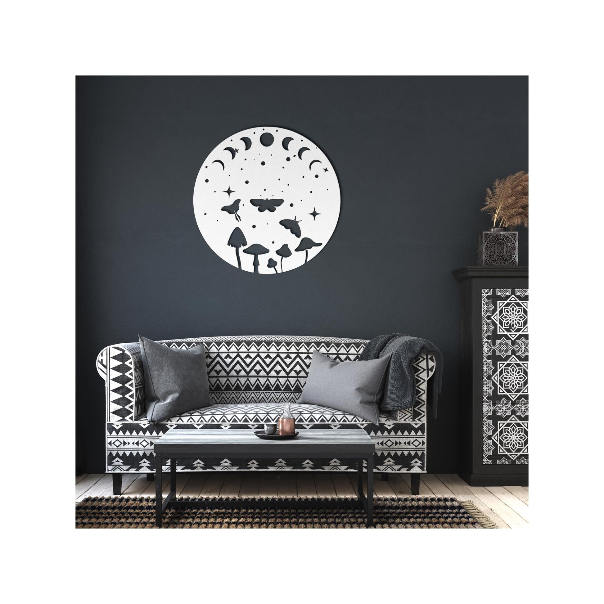 Luxury Metal Wall Art | Moon Phases and Moths with Mushrooms | Premium 18 Gauge Steel | Boho Floral and Starry Decor | Indoor & Outdoor