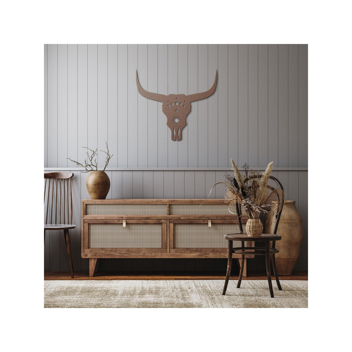 Luxury Cow Skull Metal Wall Art | Moon Phases and Sun Design | Premium 18 Gauge Steel | Rustic Indoor & Outdoor Home Decor