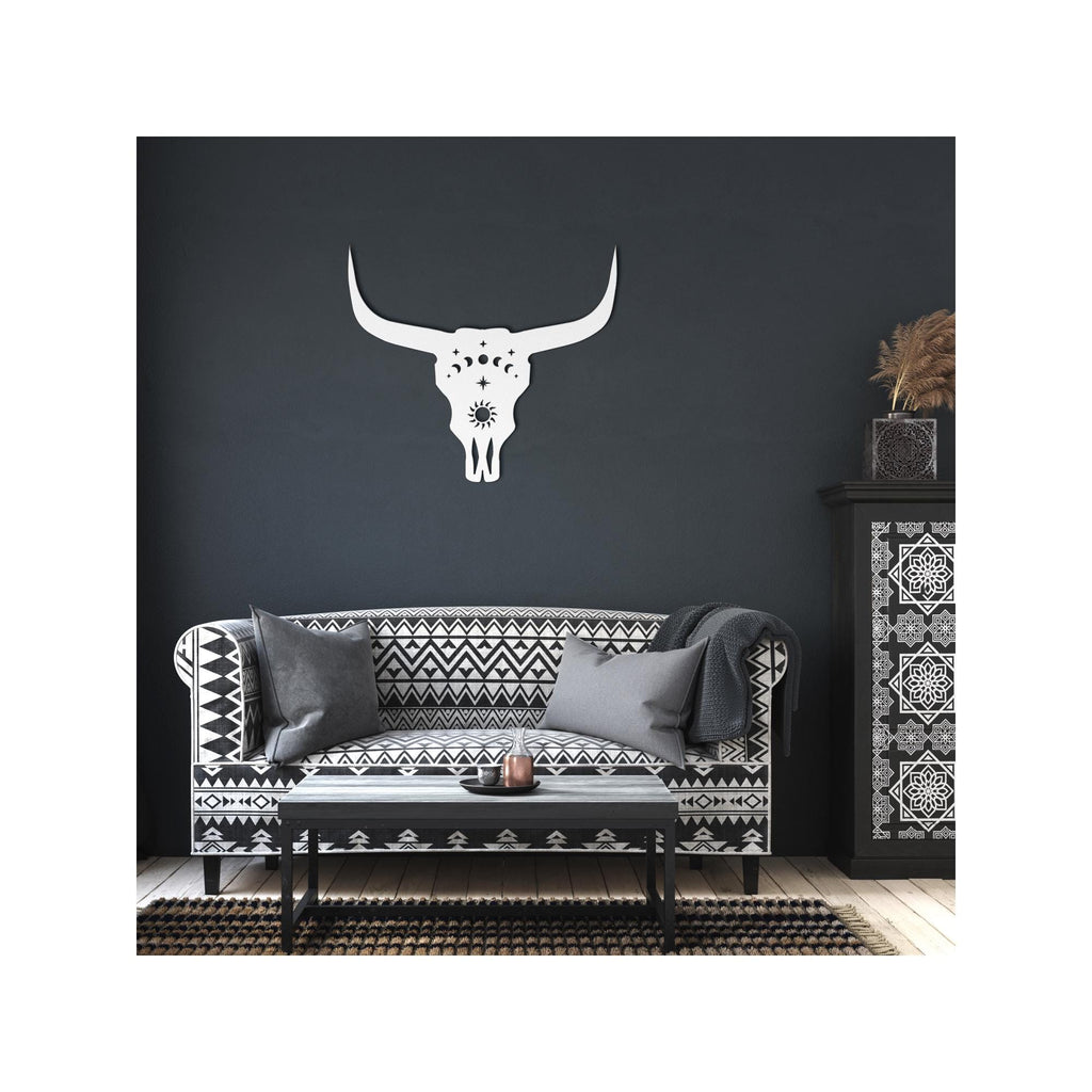 Luxury Cow Skull Metal Wall Art | Moon Phases and Sun Design | Premium 18 Gauge Steel | Rustic Indoor & Outdoor Home Decor