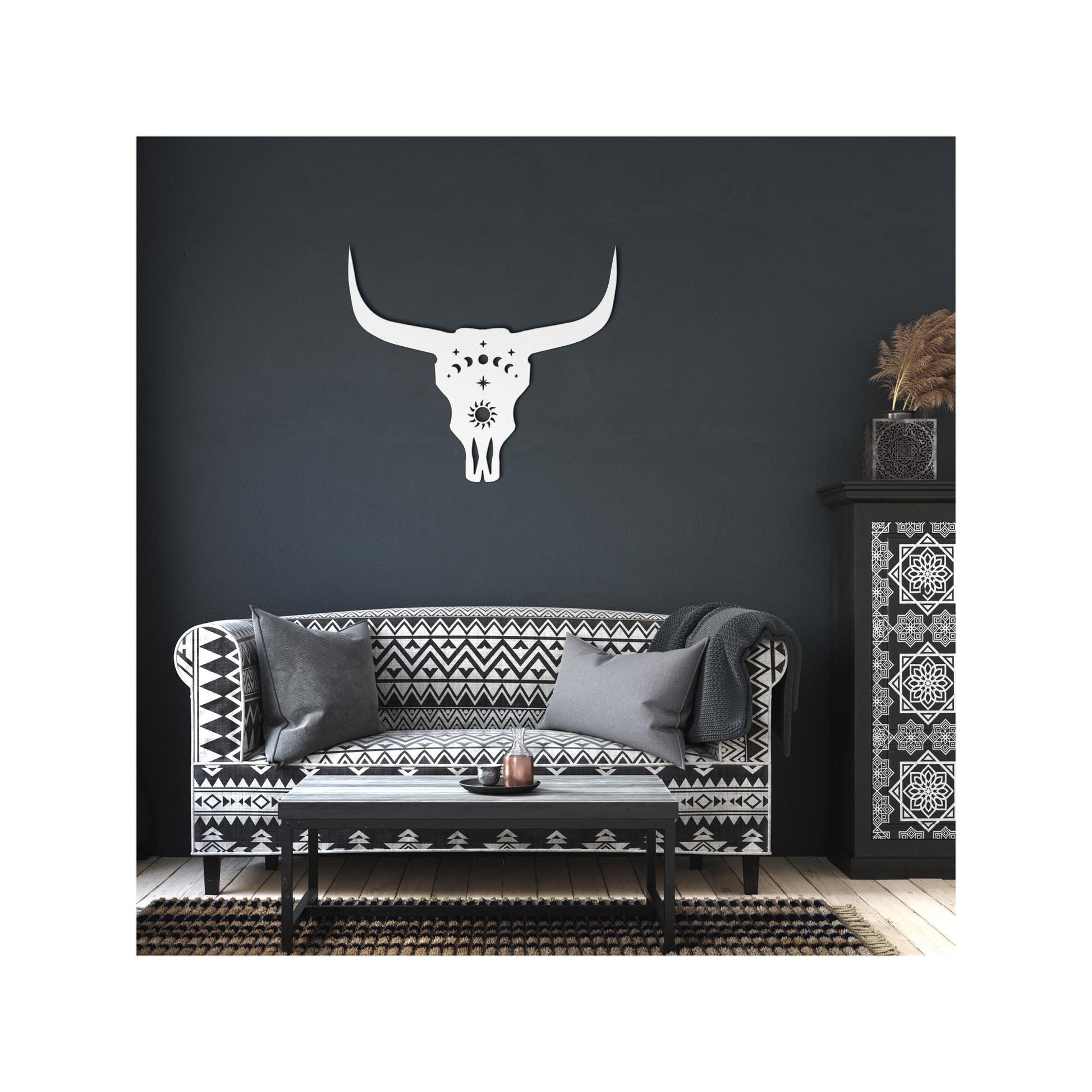 Luxury Cow Skull Metal Wall Art | Moon Phases and Sun Design | Premium 18 Gauge Steel | Rustic Indoor & Outdoor Home Decor