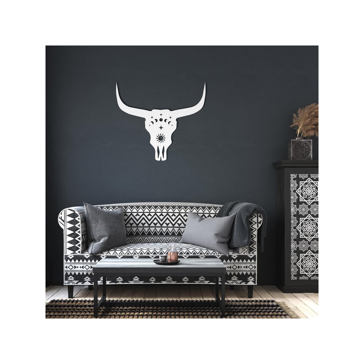 Luxury Cow Skull Metal Wall Art | Moon Phases and Sun Design | Premium 18 Gauge Steel | Rustic Indoor & Outdoor Home Decor