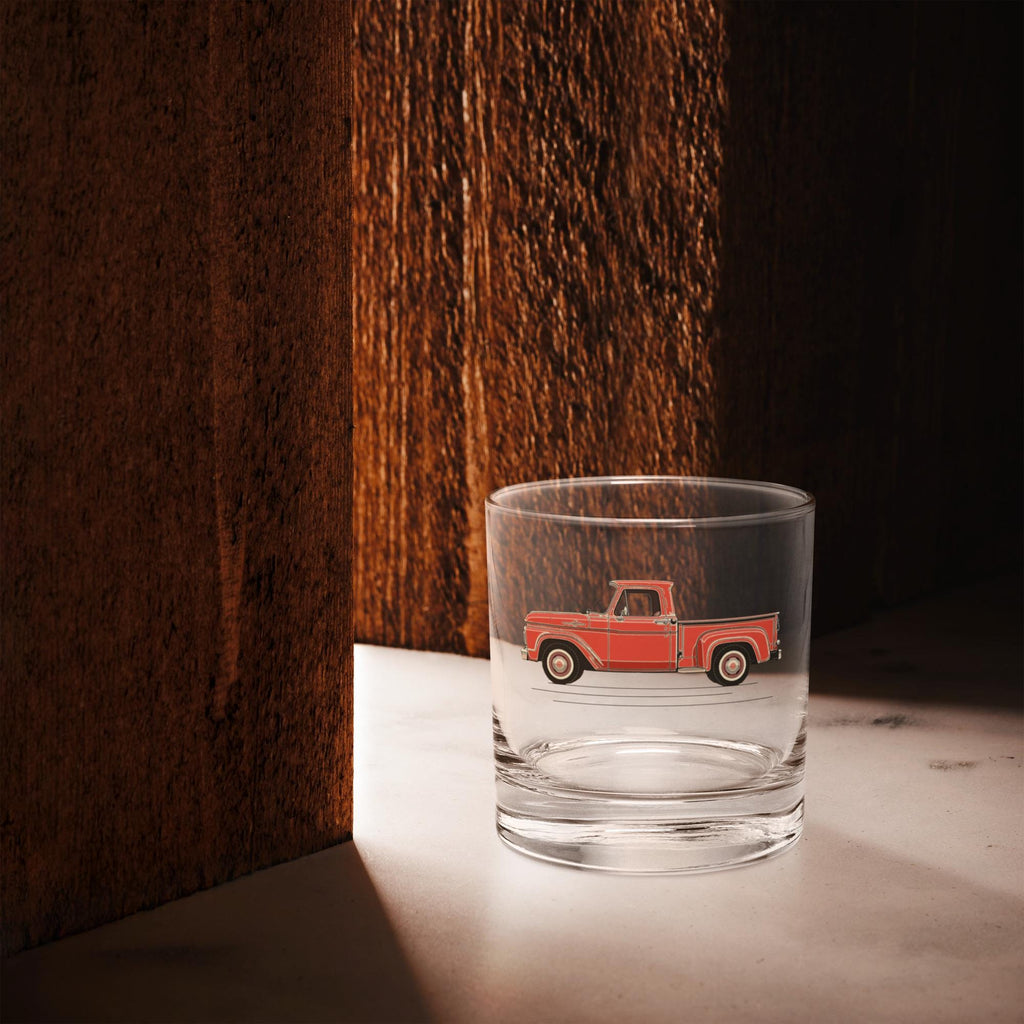 1963 Ford Truck Whisky Rocks Glass | Vintage Car Glassware | Custom Red Pickup Truck Design | Premium Barware | Gift for Car Enthusiasts