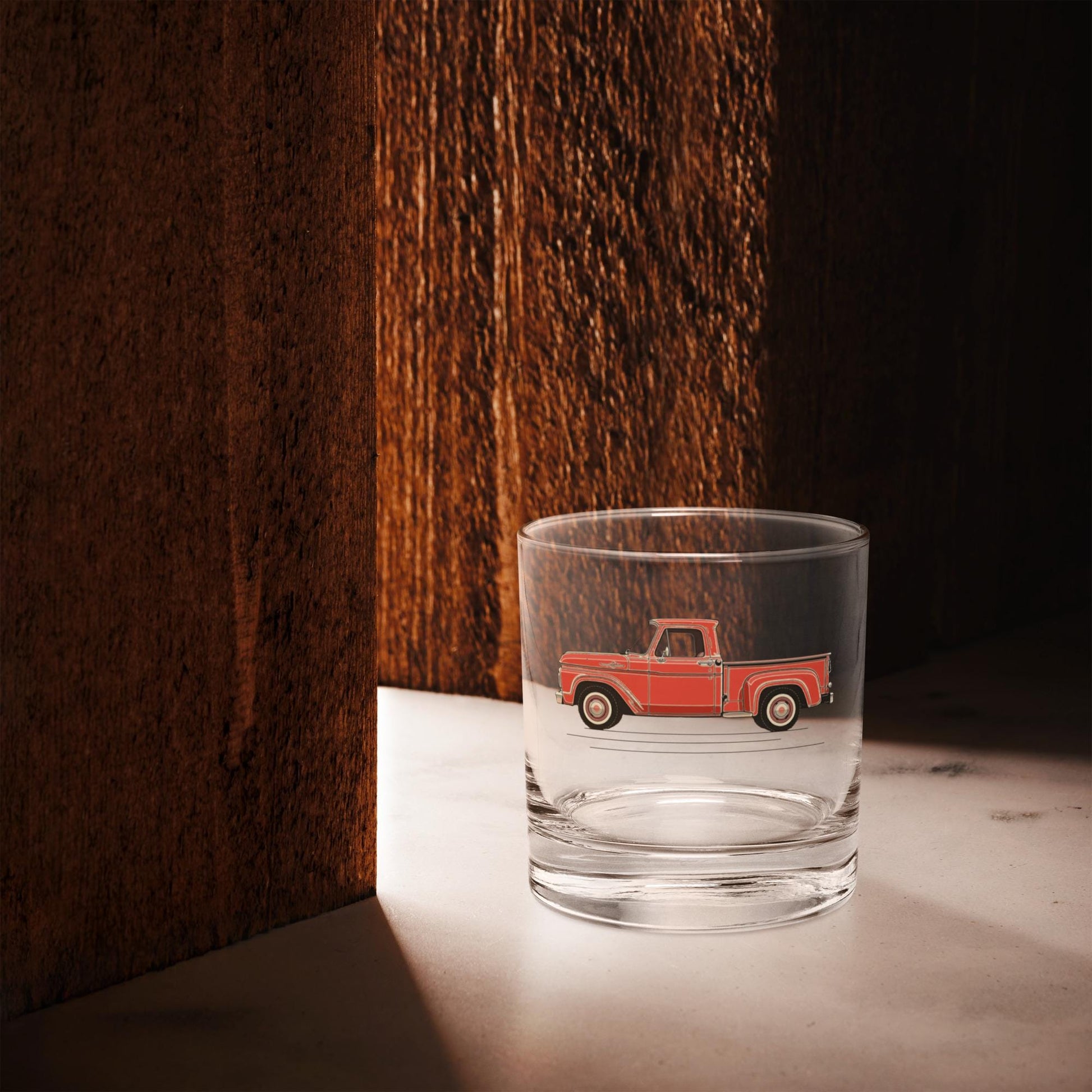 1963 Ford Truck Whisky Rocks Glass | Vintage Car Glassware | Custom Red Pickup Truck Design | Premium Barware | Gift for Car Enthusiasts
