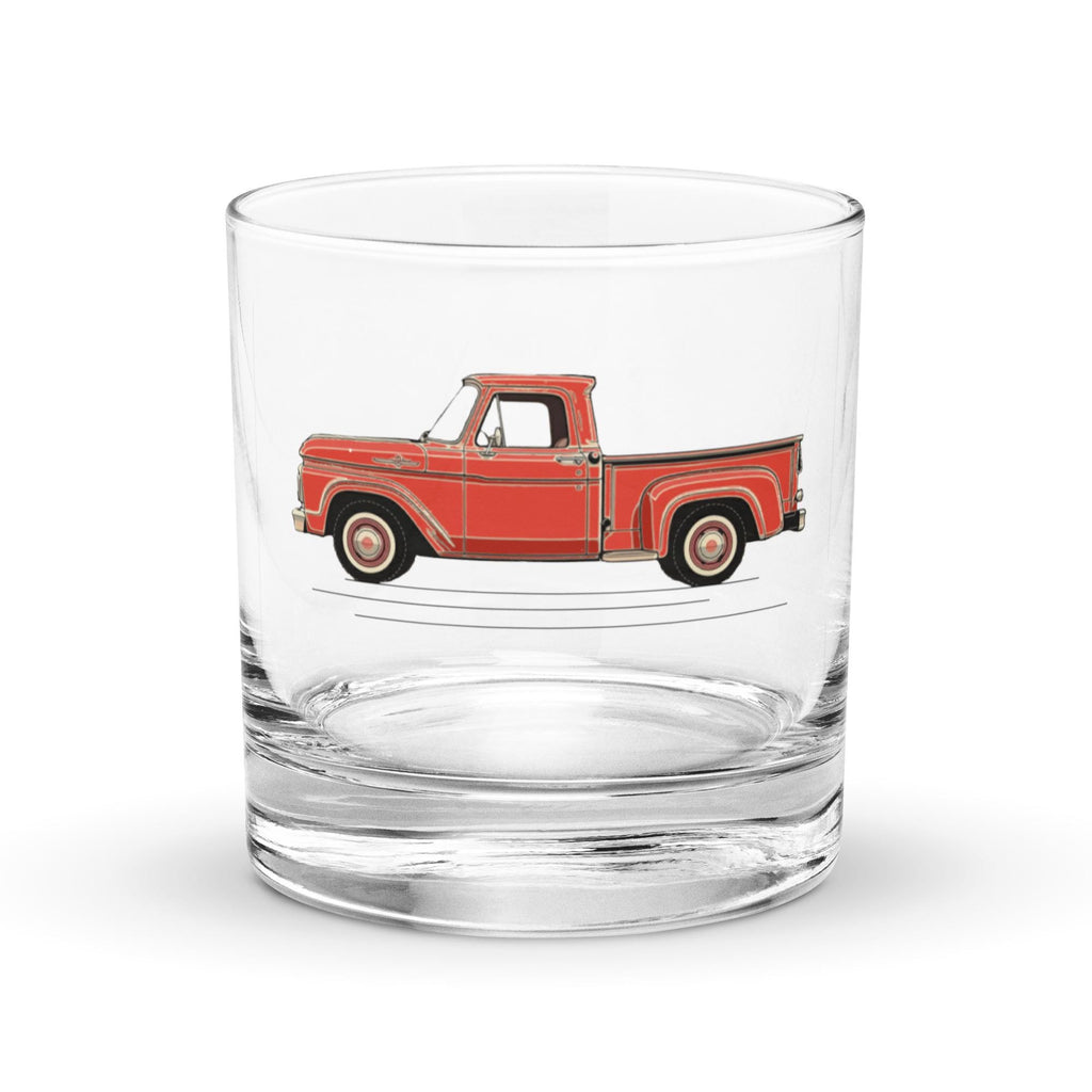 1963 Ford Truck Whisky Rocks Glass | Vintage Car Glassware | Custom Red Pickup Truck Design | Premium Barware | Gift for Car Enthusiasts