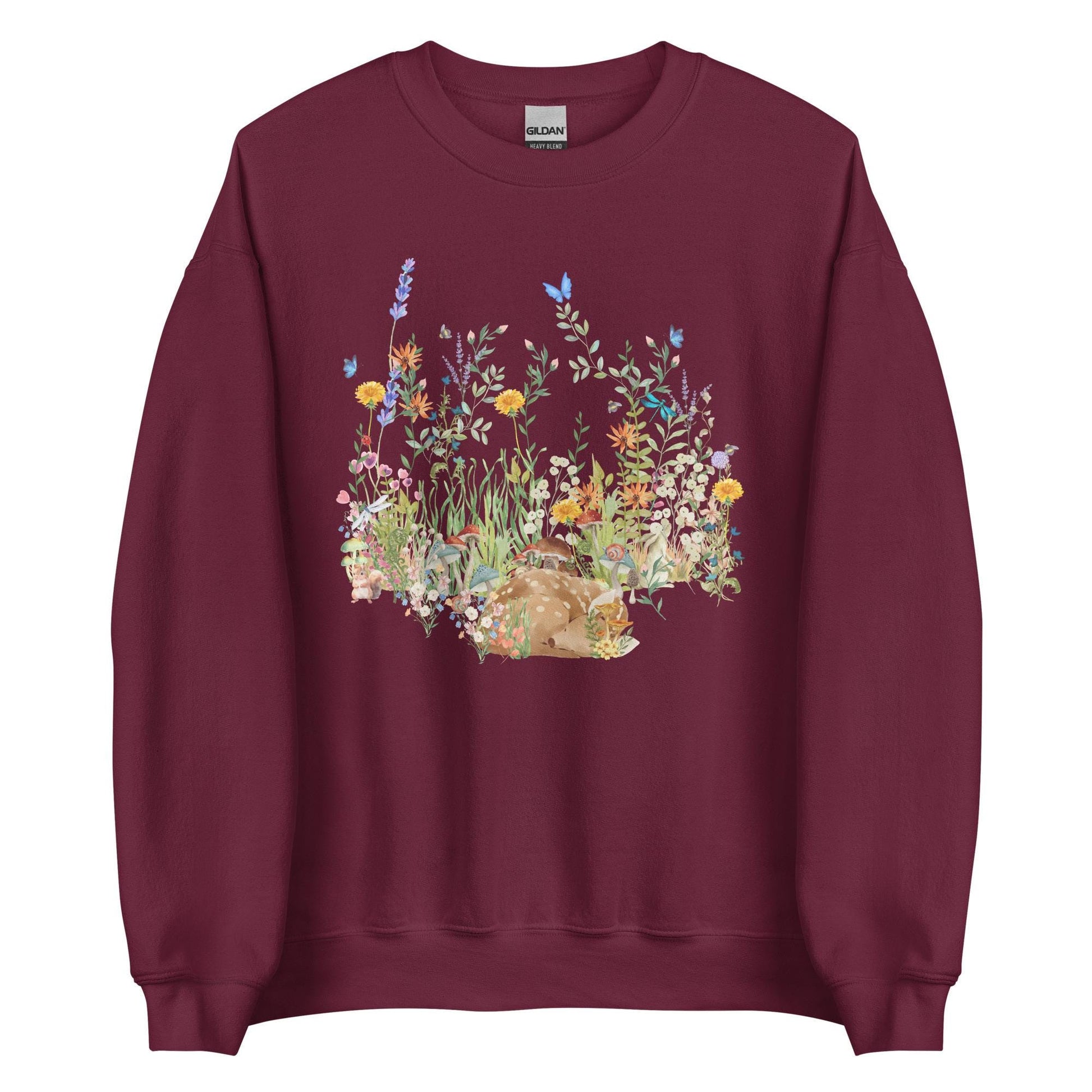 Watercolor Fawn Deer Sweatshirt | Sleeping Deer & Wildflowers | Cottagecore and Boho Style | Nature-Inspired Animal Sweatshirt