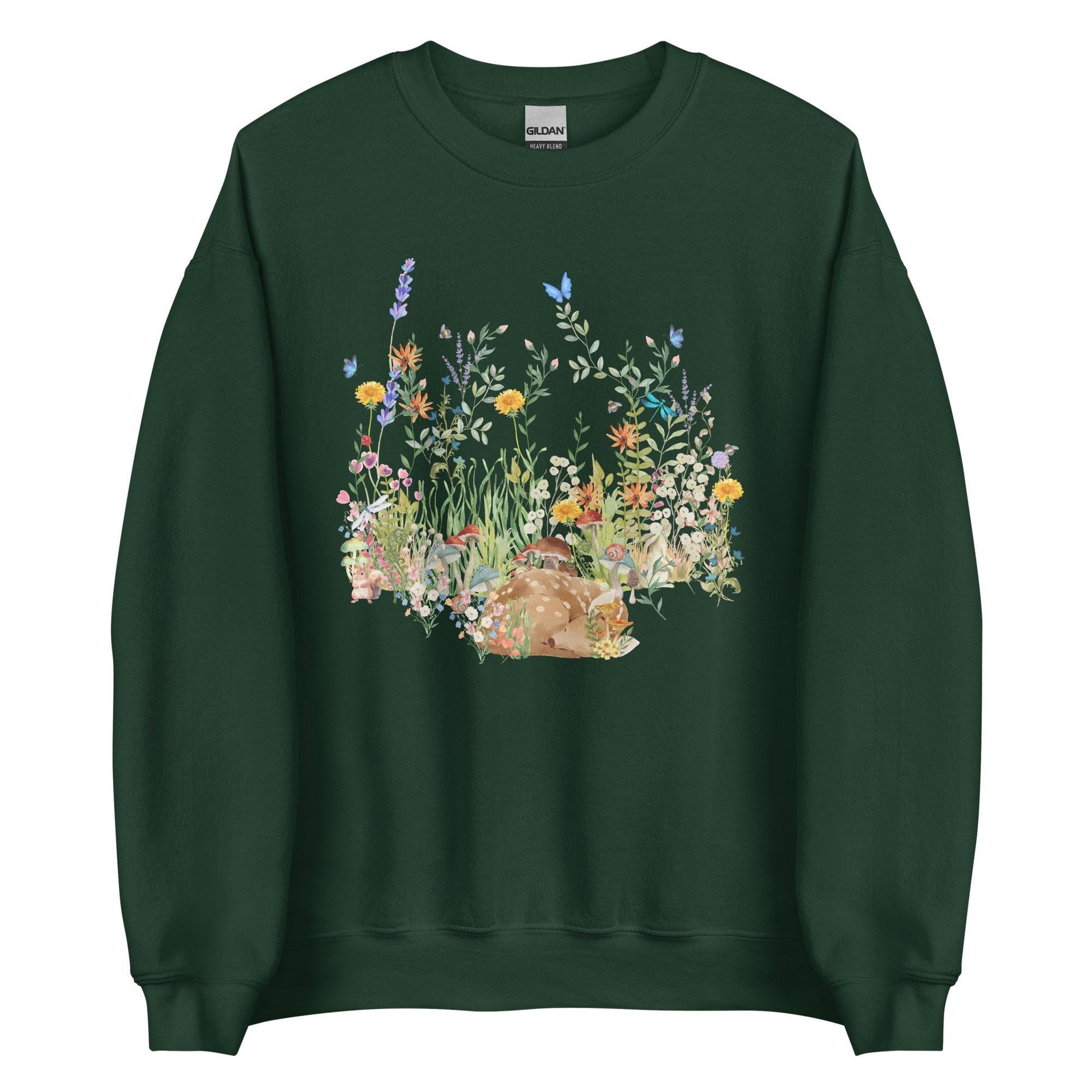 Watercolor Fawn Deer Sweatshirt | Sleeping Deer & Wildflowers | Cottagecore and Boho Style | Nature-Inspired Animal Sweatshirt