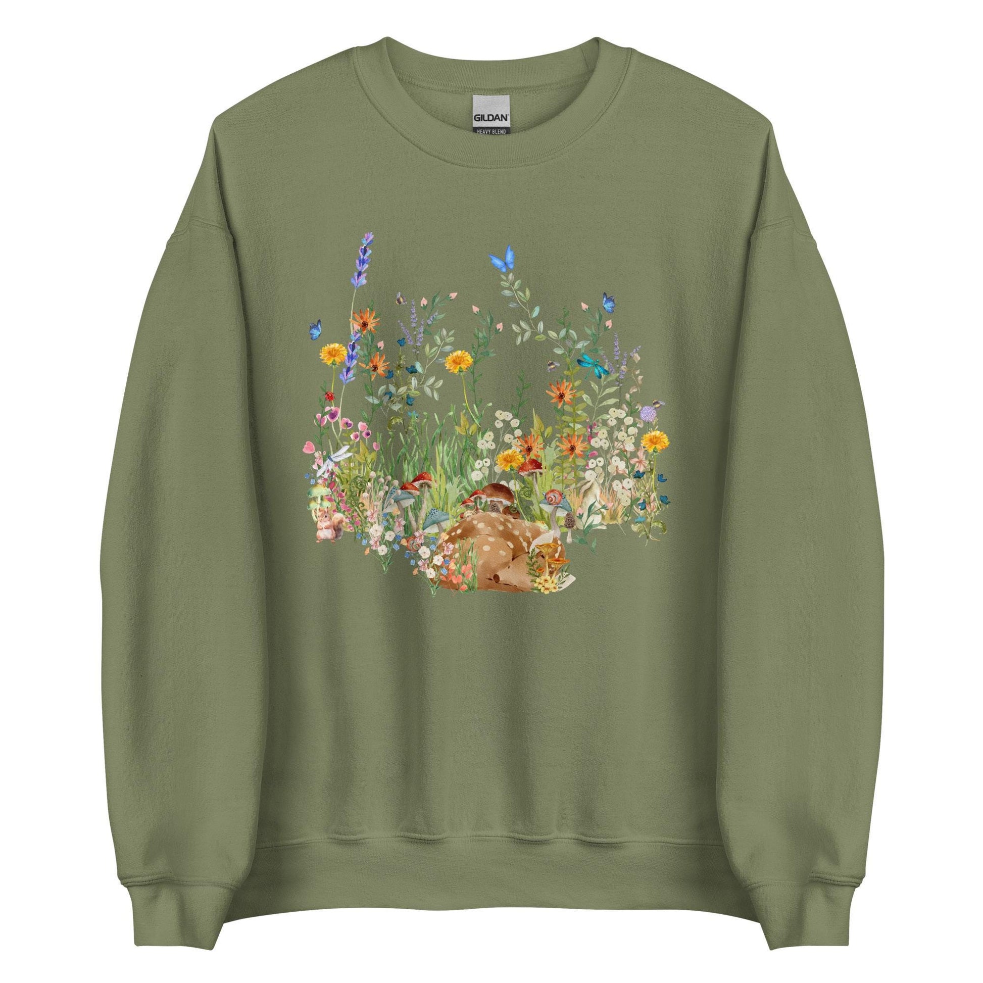 Watercolor Fawn Deer Sweatshirt | Sleeping Deer & Wildflowers | Cottagecore and Boho Style | Nature-Inspired Animal Sweatshirt