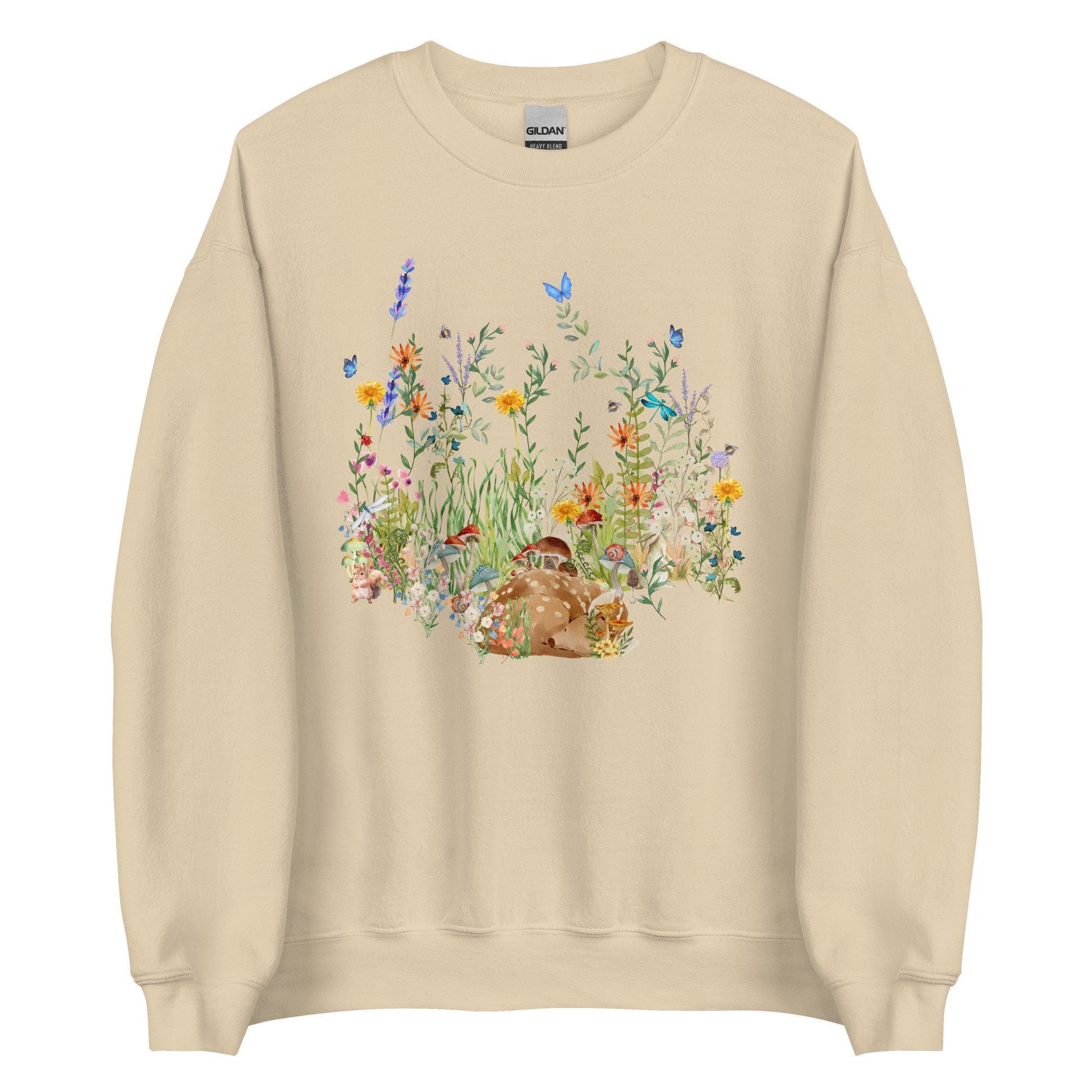 Watercolor Fawn Deer Sweatshirt | Sleeping Deer & Wildflowers | Cottagecore and Boho Style | Nature-Inspired Animal Sweatshirt