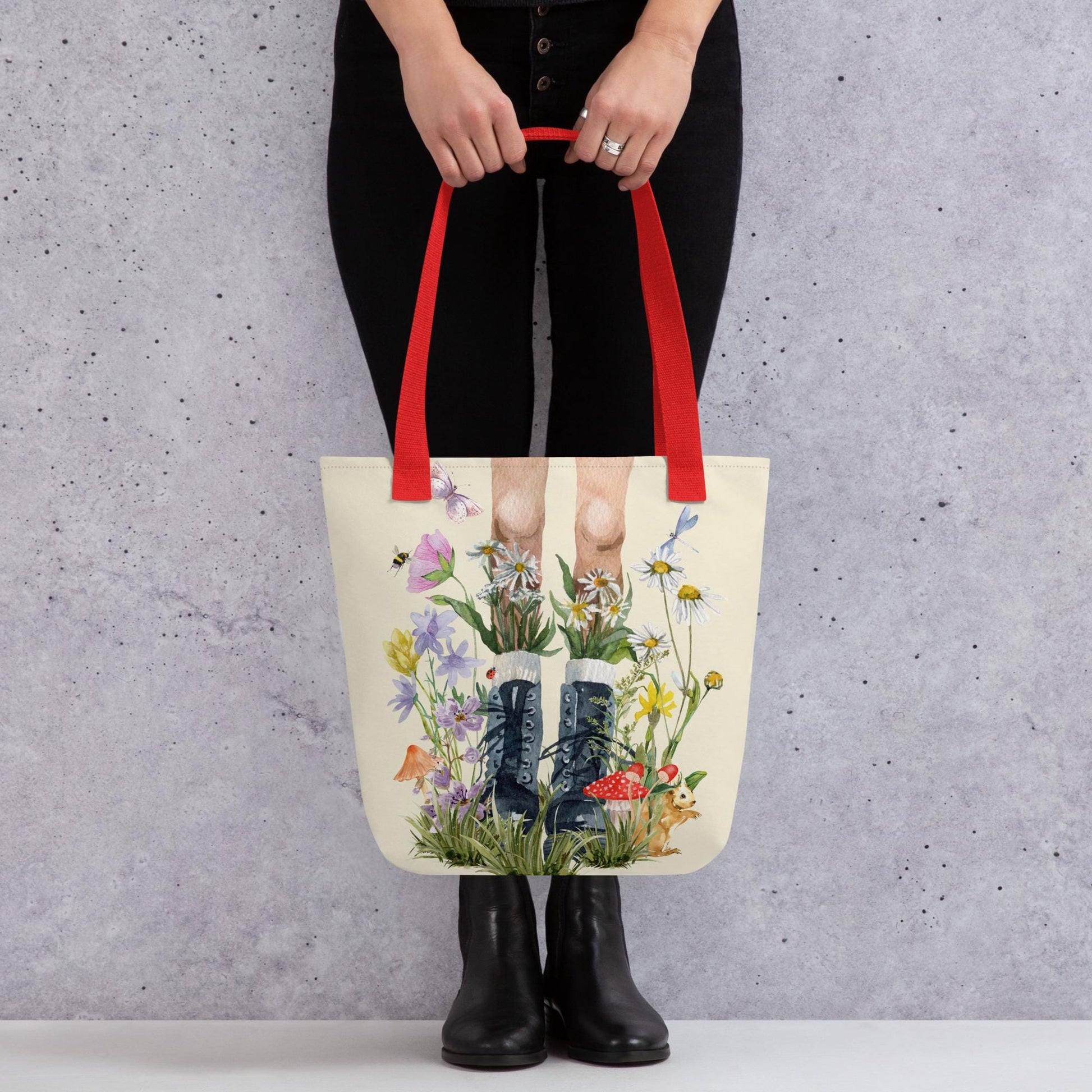 Flowers and Boots Tote Bag | Botanical Floral Tote | Cottagecore Shopping Bag | Gift for Nature Lovers | Spring Lovers Gift