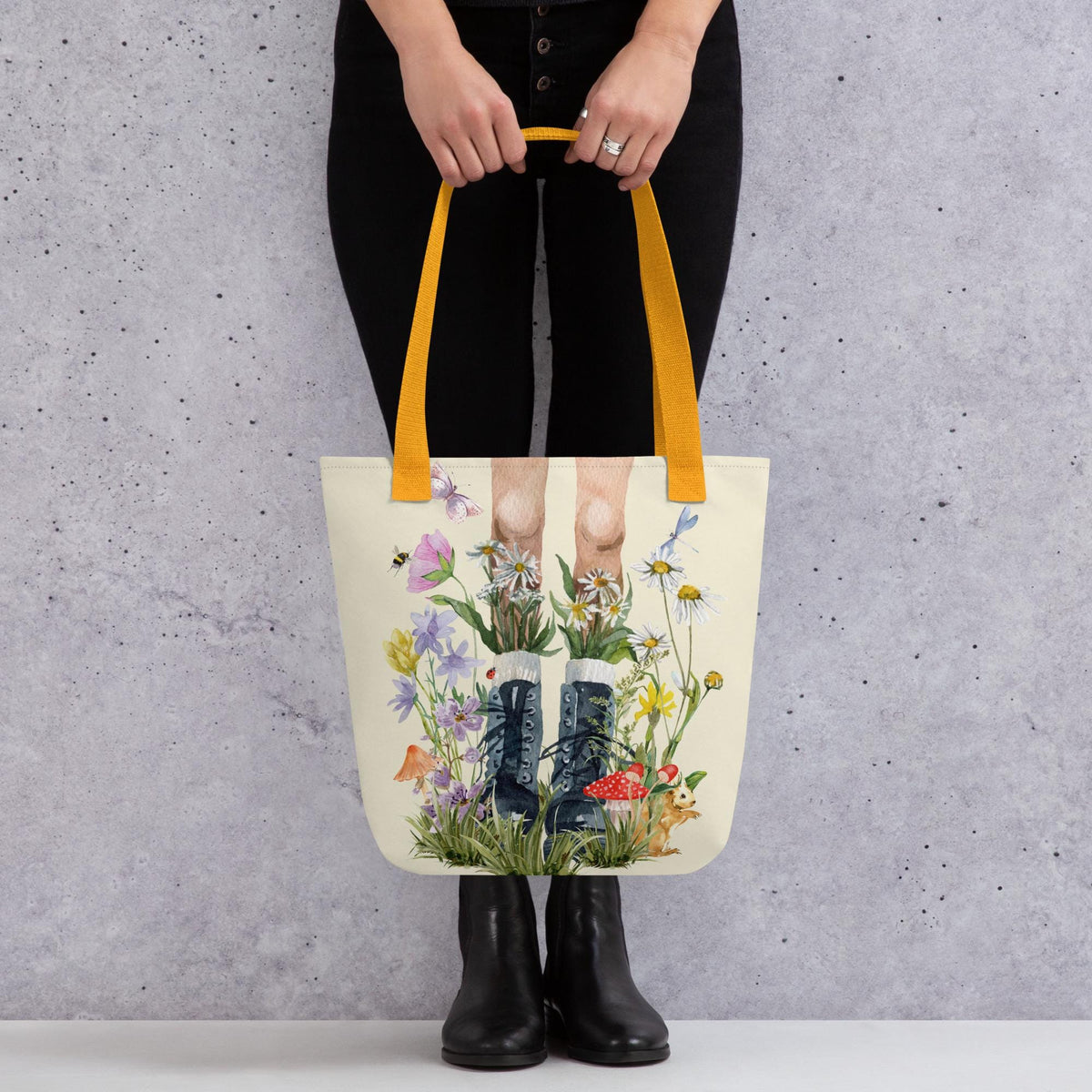Flowers and Boots Tote Bag | Botanical Floral Tote | Cottagecore Shopping Bag | Gift for Nature Lovers | Spring Lovers Gift