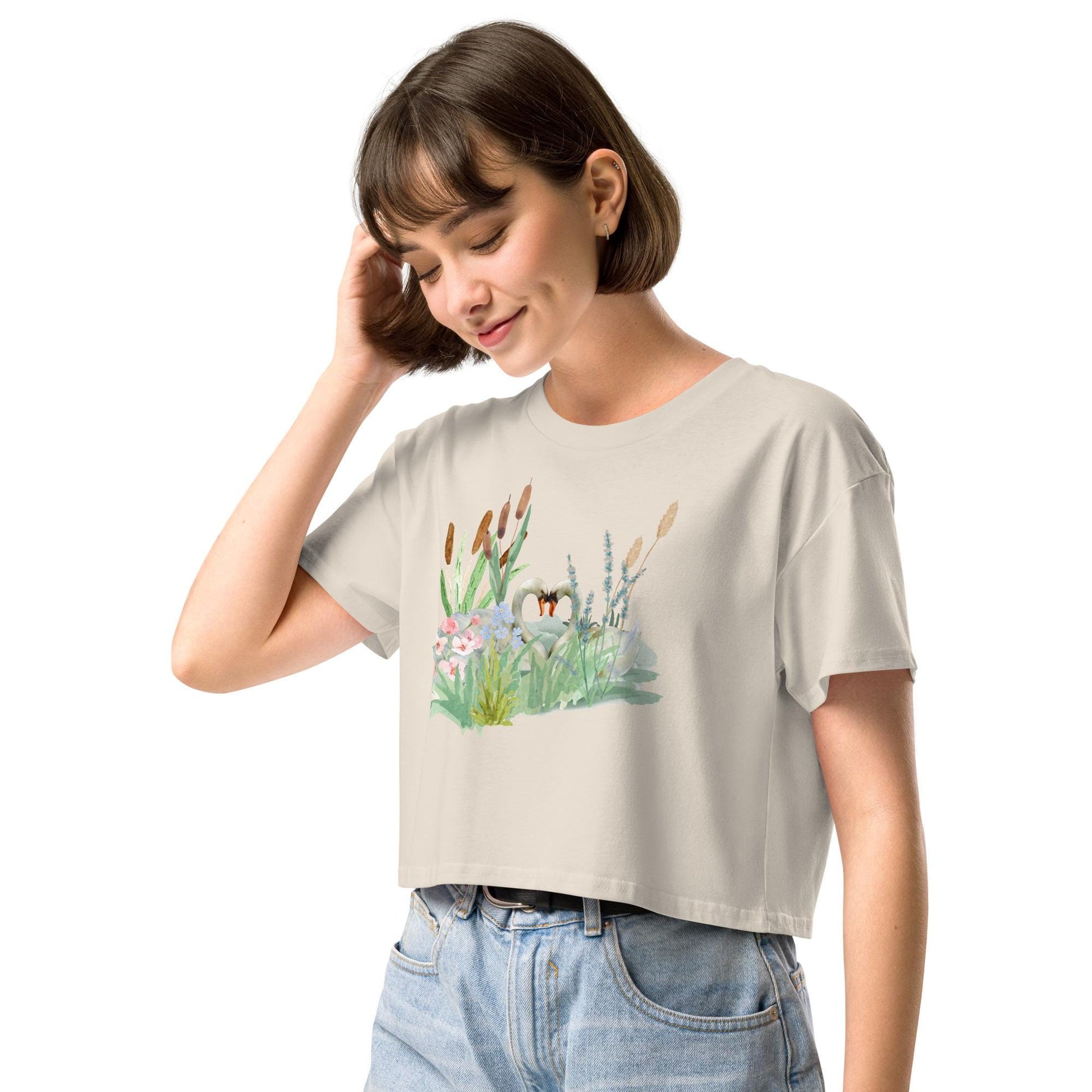 Swan Love Crop Tee | Cottagecore Crop Top | Floral Botanical T-Shirt | Nature and Love Motif | Valentine's Day Gift