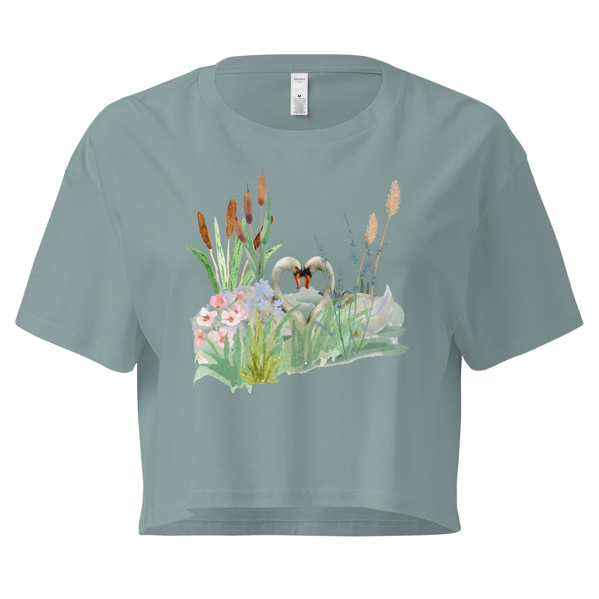 Swan Love Crop Tee | Cottagecore Crop Top | Floral Botanical T-Shirt | Nature and Love Motif | Valentine's Day Gift
