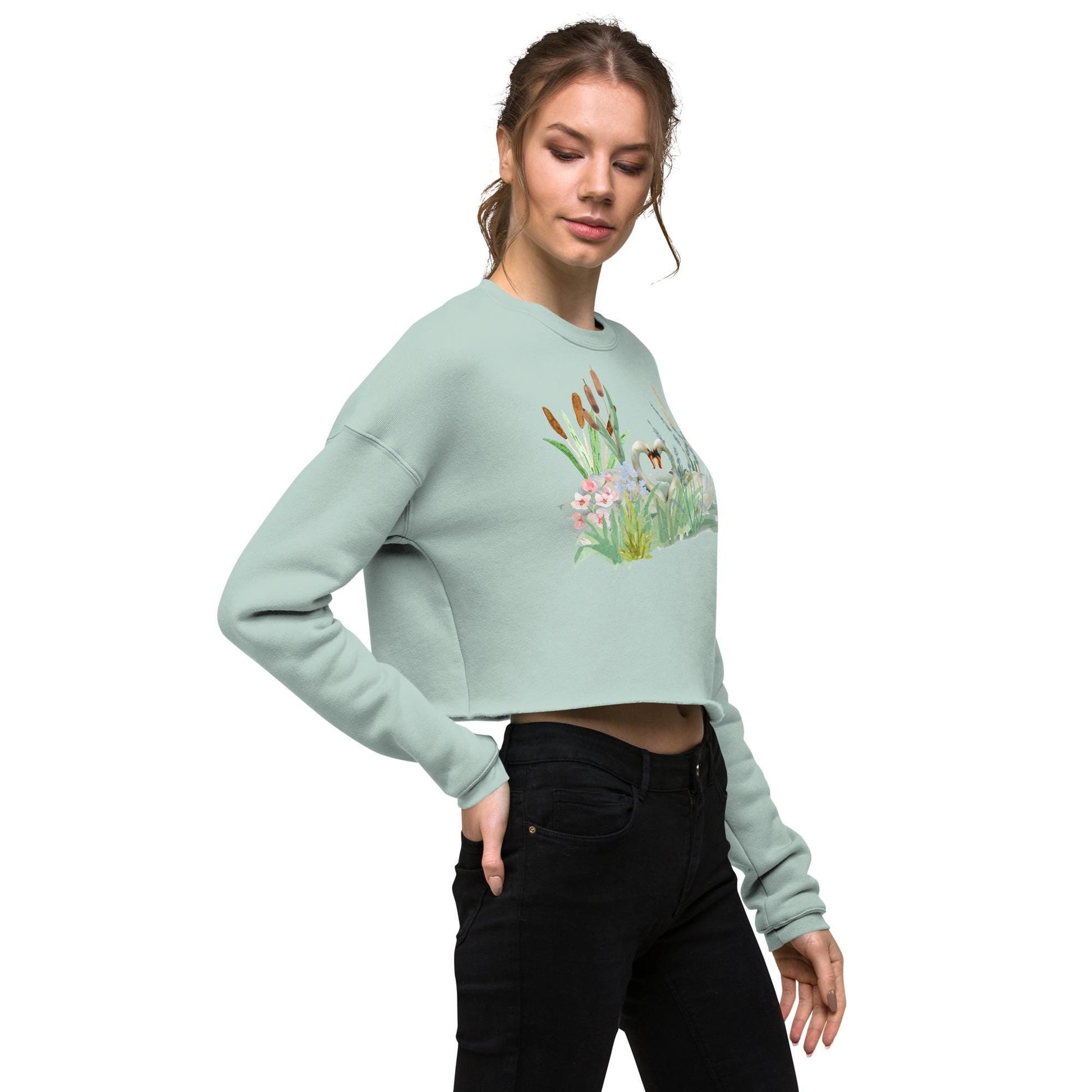 Swan Love Crop Sweatshirt | Cottagecore Crop Top | Floral Botanical Sweatshirt | Nature and Love Motif | Valentine's Day Gift