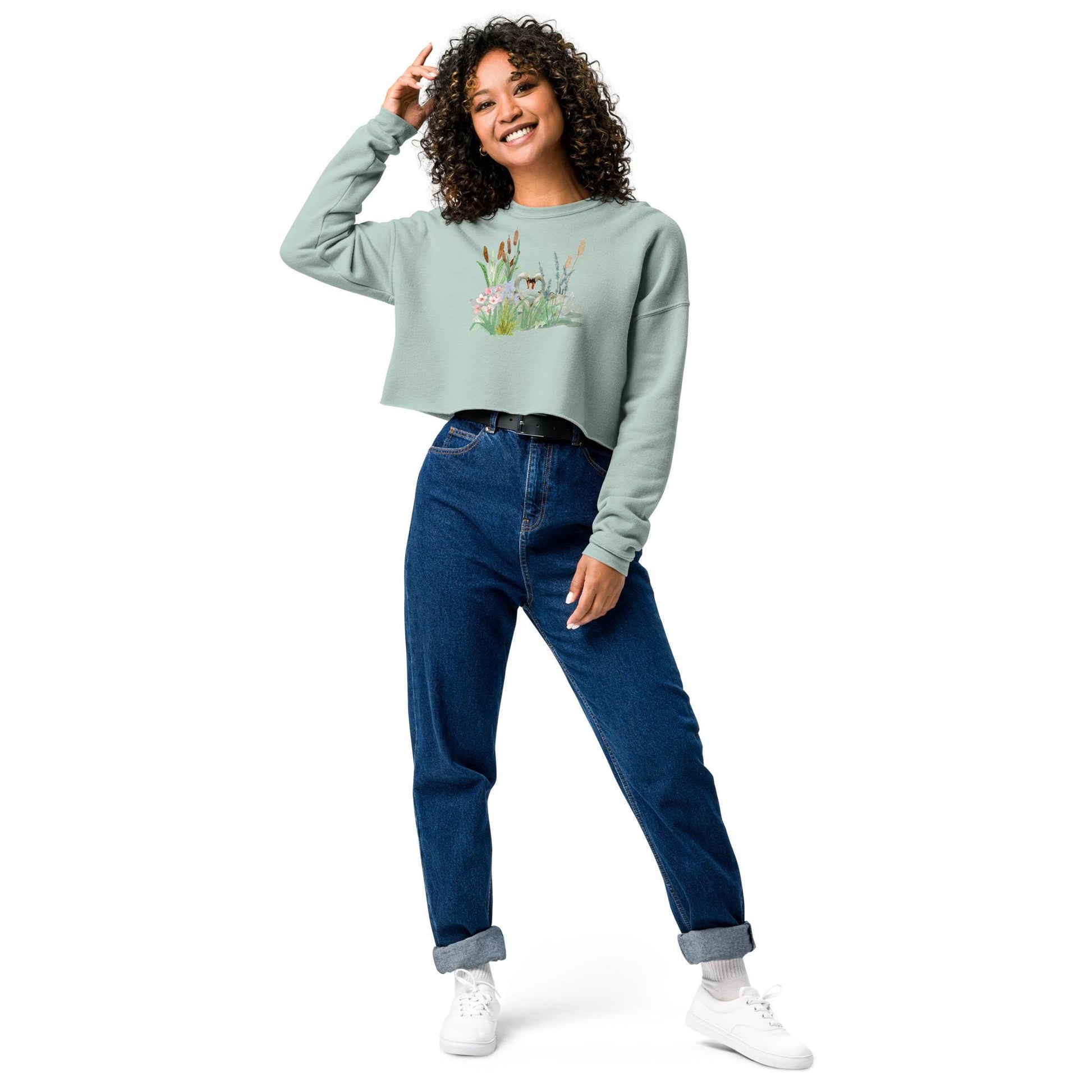 Swan Love Crop Sweatshirt | Cottagecore Crop Top | Floral Botanical Sweatshirt | Nature and Love Motif | Valentine's Day Gift
