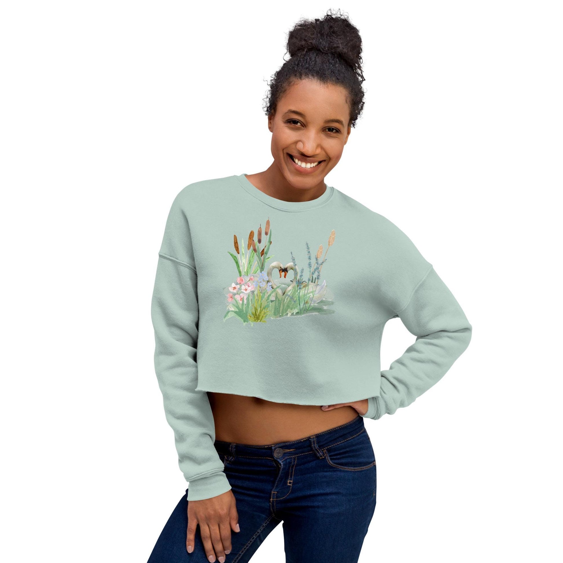 Swan Love Crop Sweatshirt | Cottagecore Crop Top | Floral Botanical Sweatshirt | Nature and Love Motif | Valentine's Day Gift