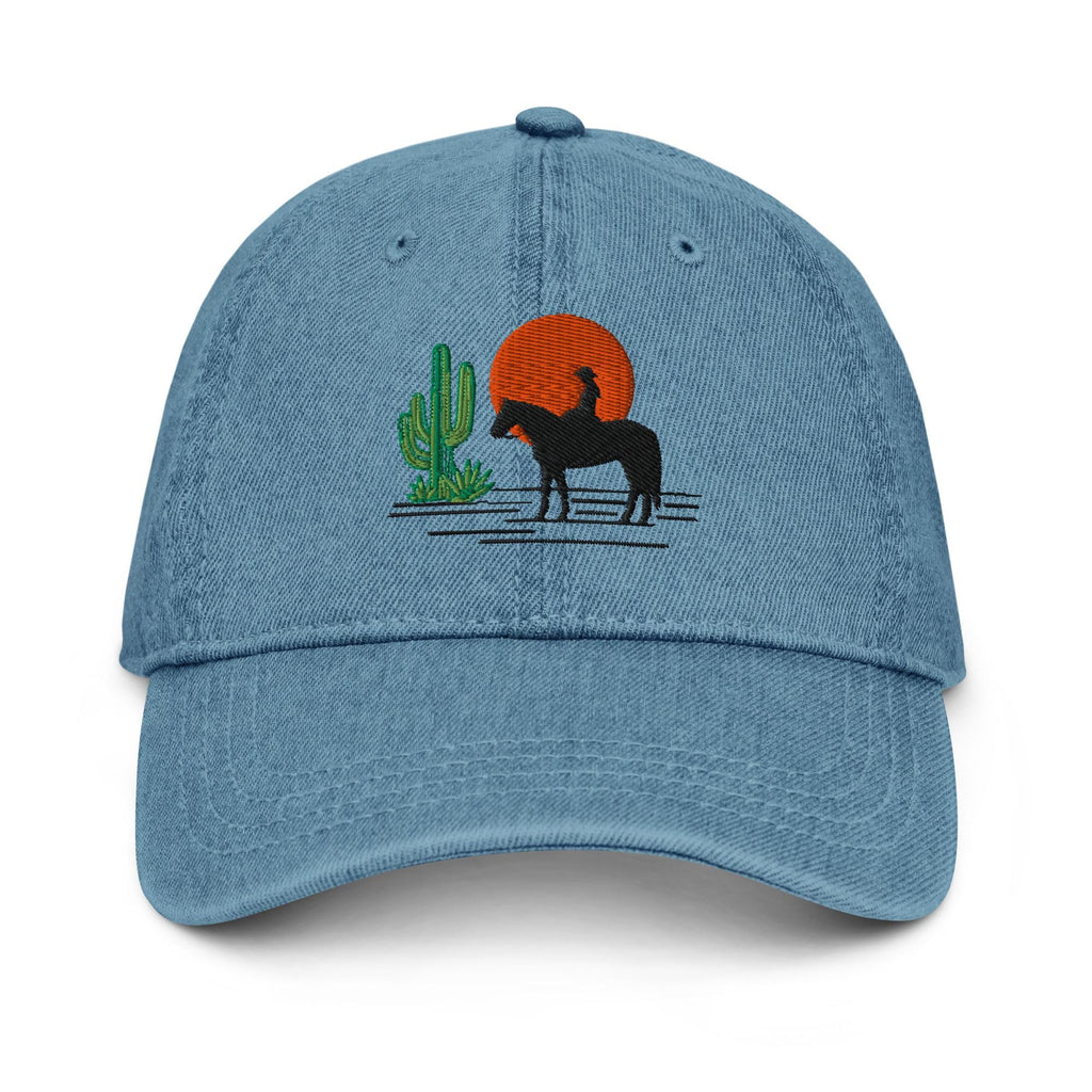 Western Denim Hat with Horse Rider Embroidery | Sun & Saguaro Cactus Design | Unique Gift for Horse Lovers