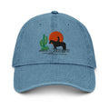 Western Denim Hat with Horse Rider Embroidery | Sun & Saguaro Cactus Design | Unique Gift for Horse Lovers