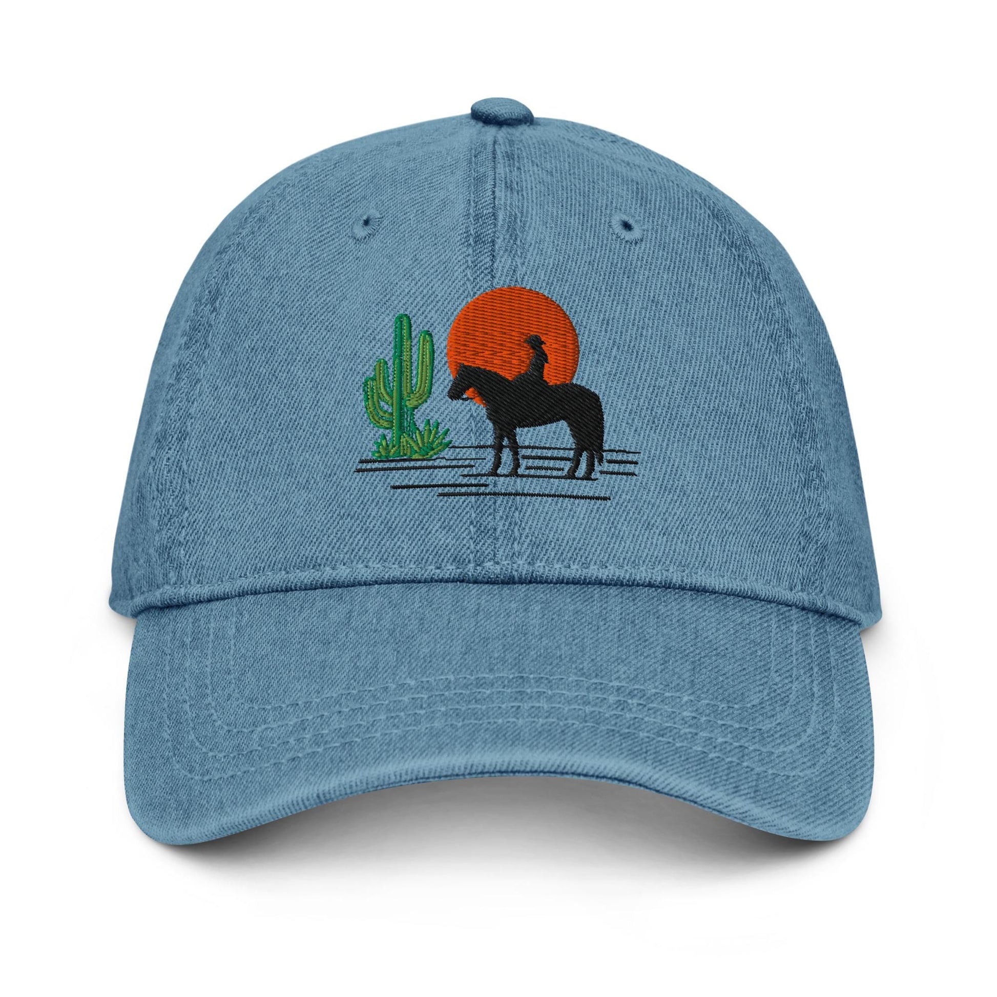 Western Denim Hat with Horse Rider Embroidery | Sun & Saguaro Cactus Design | Unique Gift for Horse Lovers