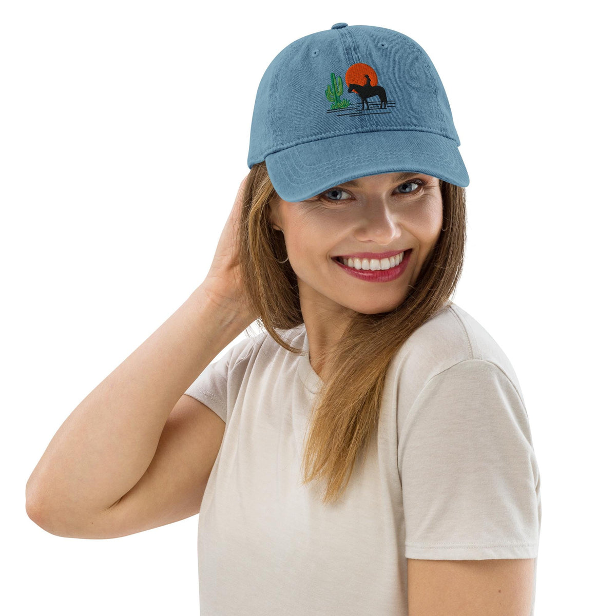 Western Denim Hat with Horse Rider Embroidery | Sun & Saguaro Cactus Design | Unique Gift for Horse Lovers