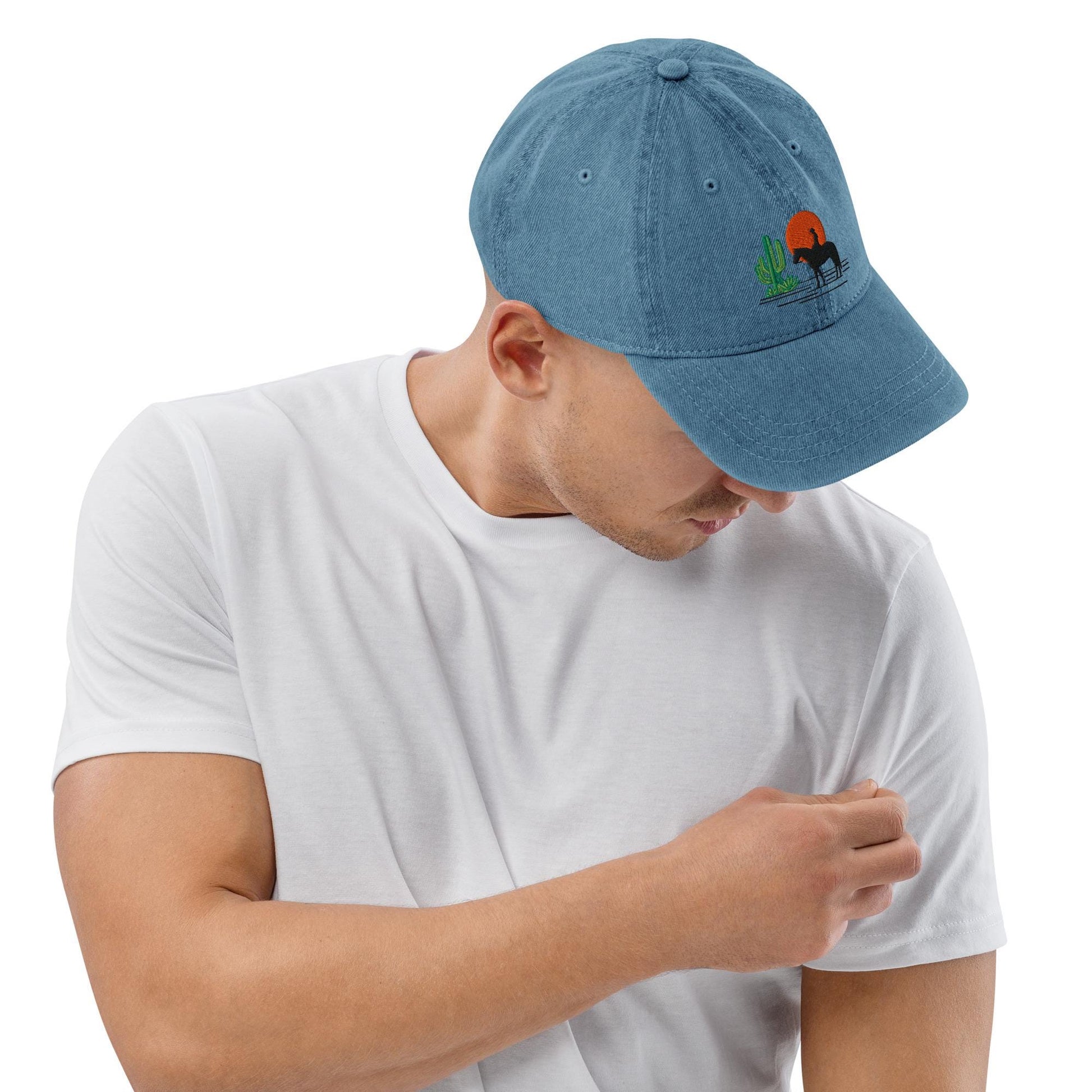 Western Denim Hat with Horse Rider Embroidery | Sun & Saguaro Cactus Design | Unique Gift for Horse Lovers