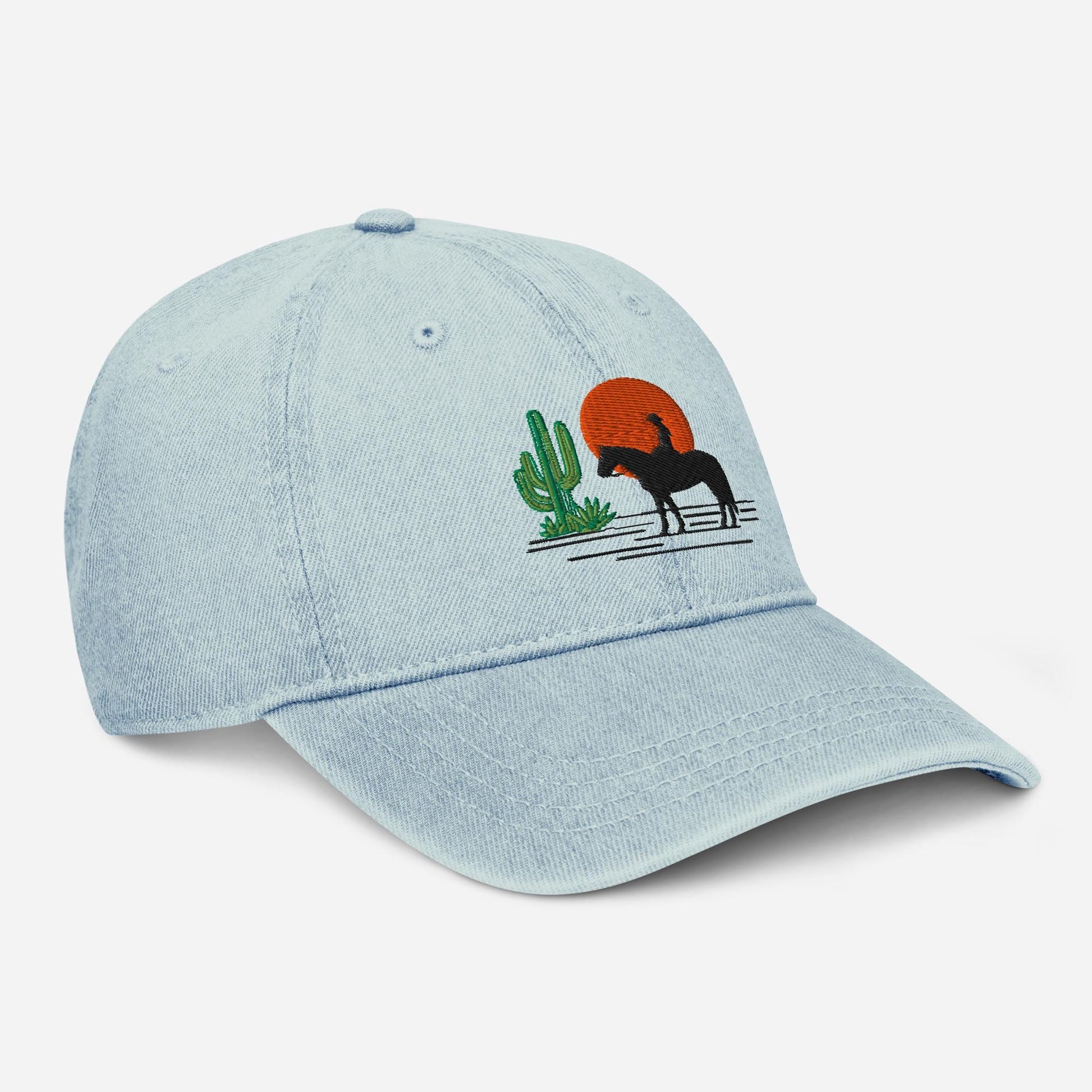 Western Denim Hat with Horse Rider Embroidery | Sun & Saguaro Cactus Design | Unique Gift for Horse Lovers