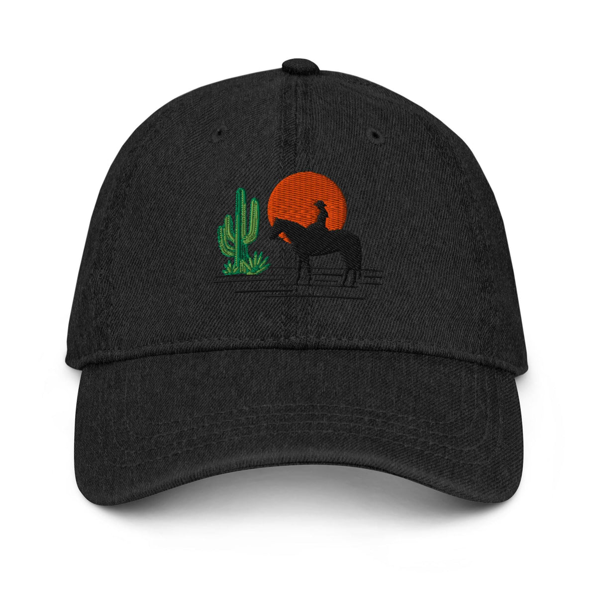 Western Denim Hat with Horse Rider Embroidery | Sun & Saguaro Cactus Design | Unique Gift for Horse Lovers