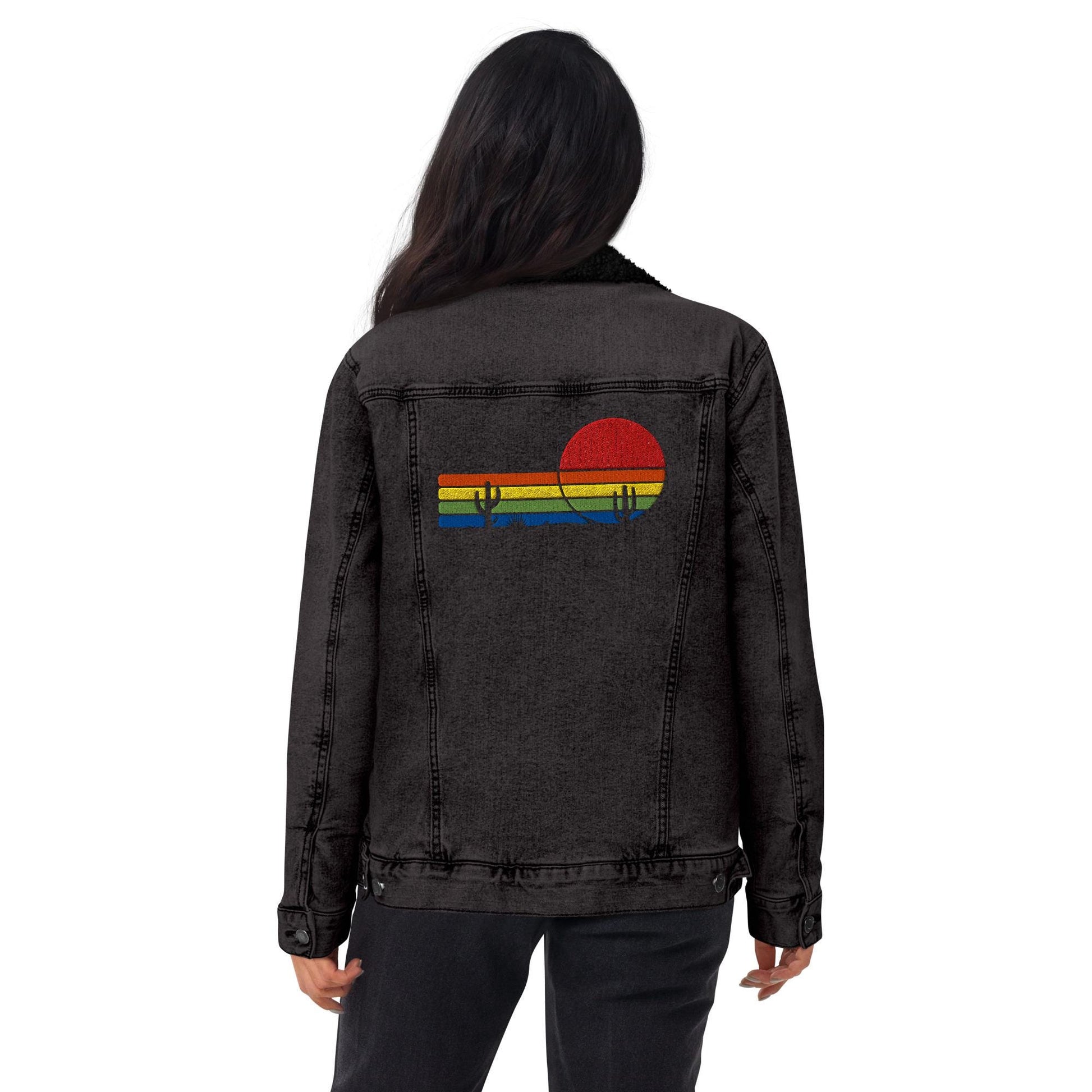 Sunset & Saguaro Denim Sherpa Jacket | Unisex Western-Inspired Outerwear | Sunset and Cactus Embroidery