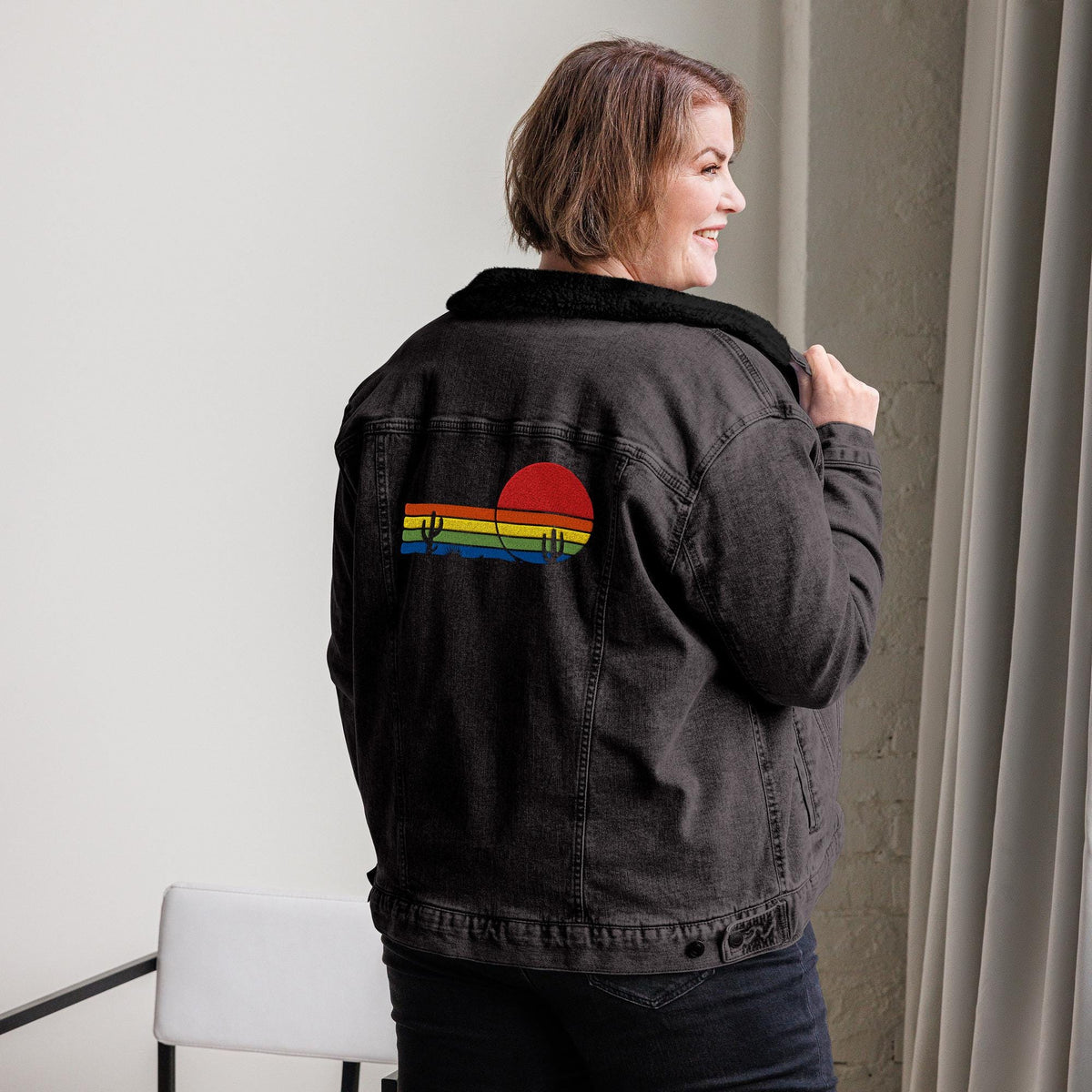 Sunset & Saguaro Denim Sherpa Jacket | Unisex Western-Inspired Outerwear | Sunset and Cactus Embroidery