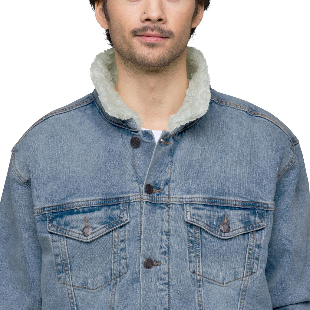 Sunset & Saguaro Denim Sherpa Jacket | Unisex Western-Inspired Outerwear | Sunset and Cactus Embroidery